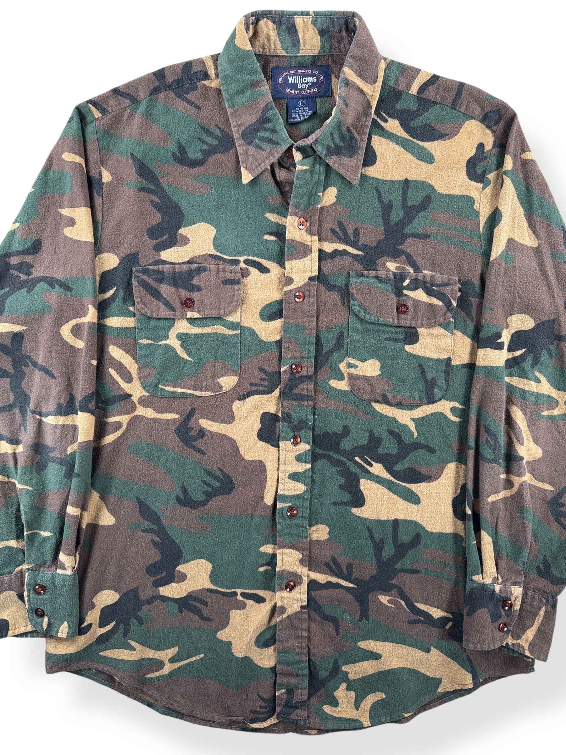 Front Close Up of Vintage Williams Bay Camo Chamois Shirt SZ L