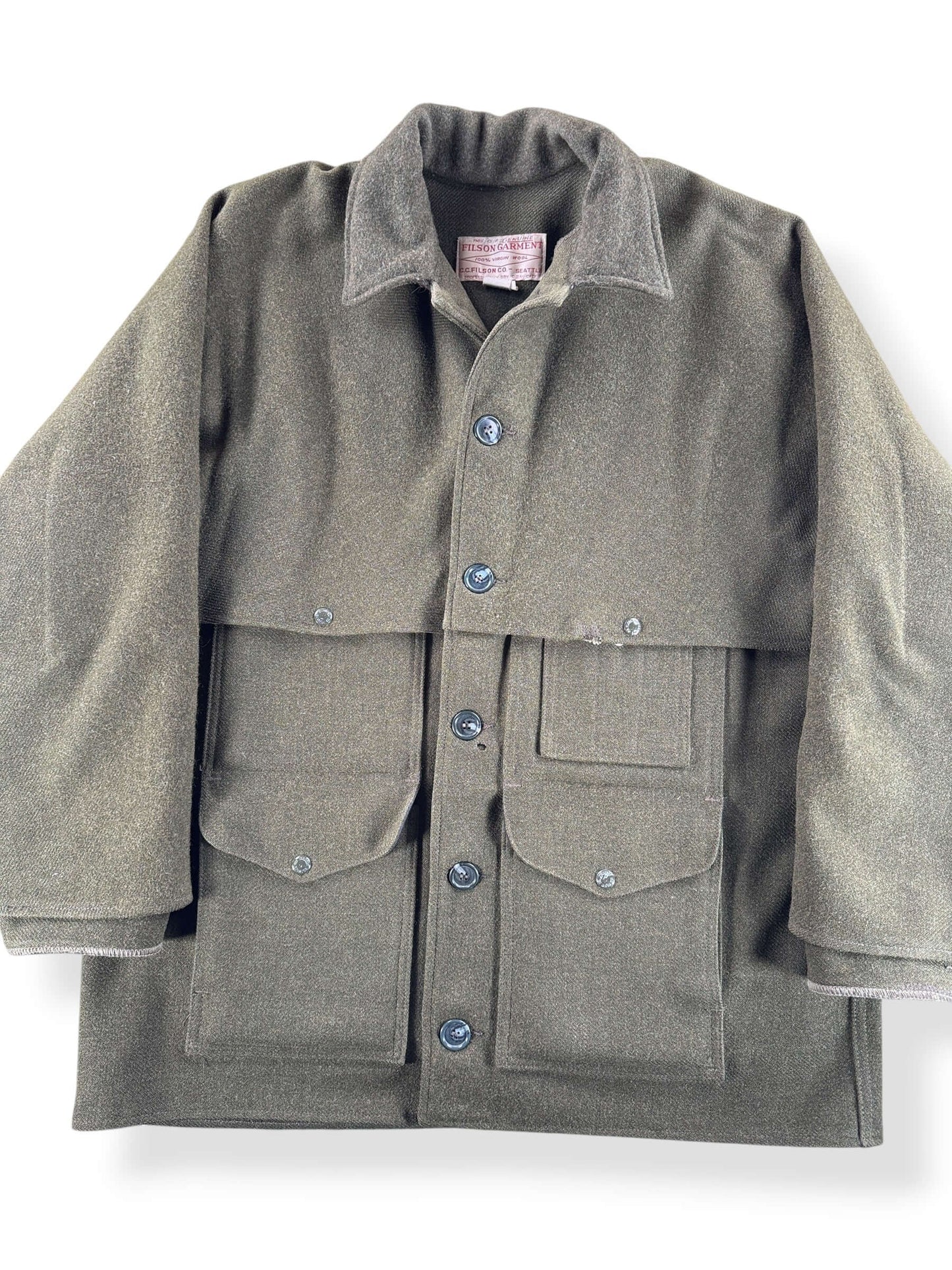 Front Close Up of Vintage 90s Era Repaired Filson Olive Green Double Mackinaw Jacket SZ 46
