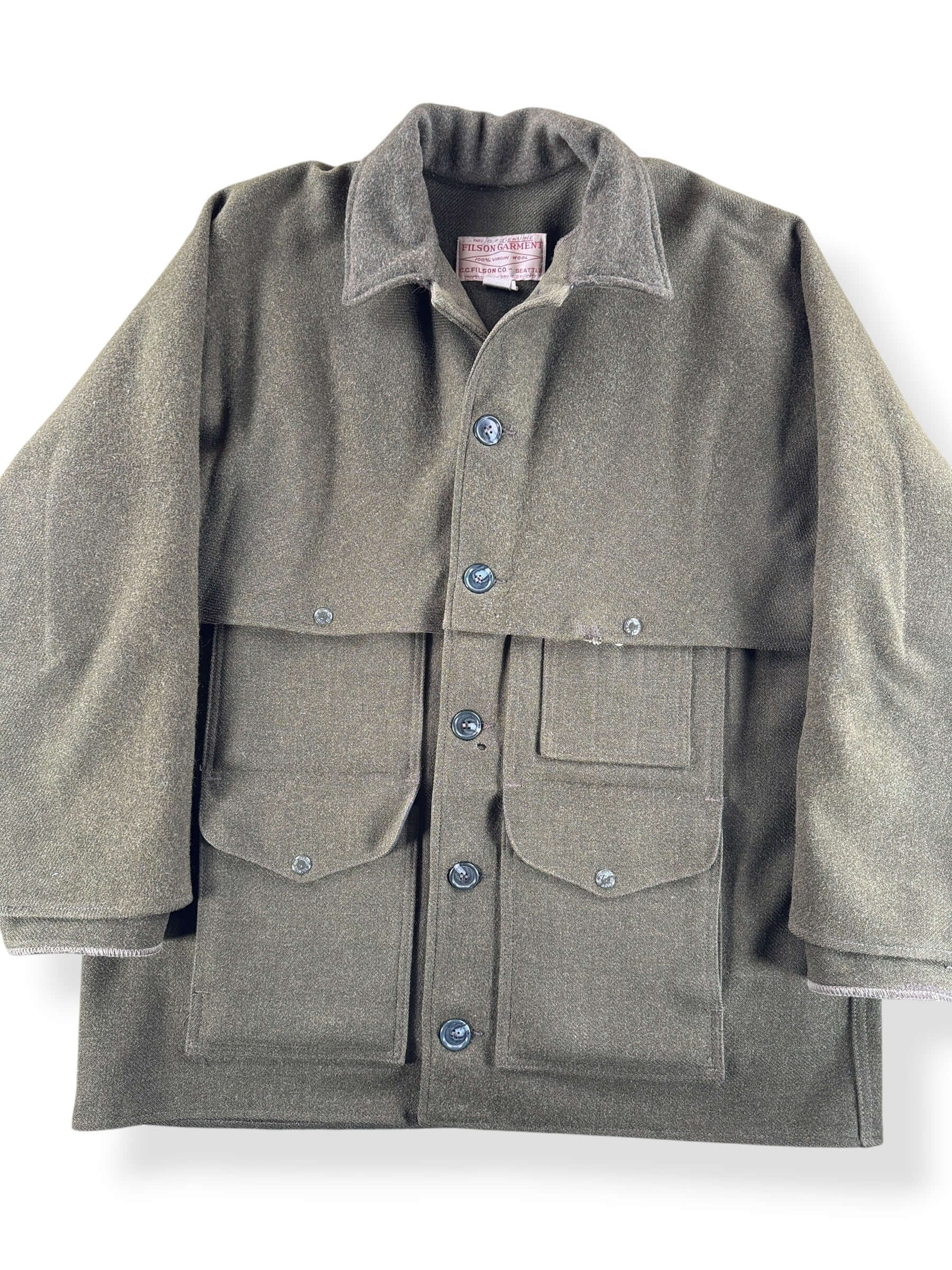 Front Close Up of Vintage 90s Era Repaired Filson Olive Green Double Mackinaw Jacket SZ 46