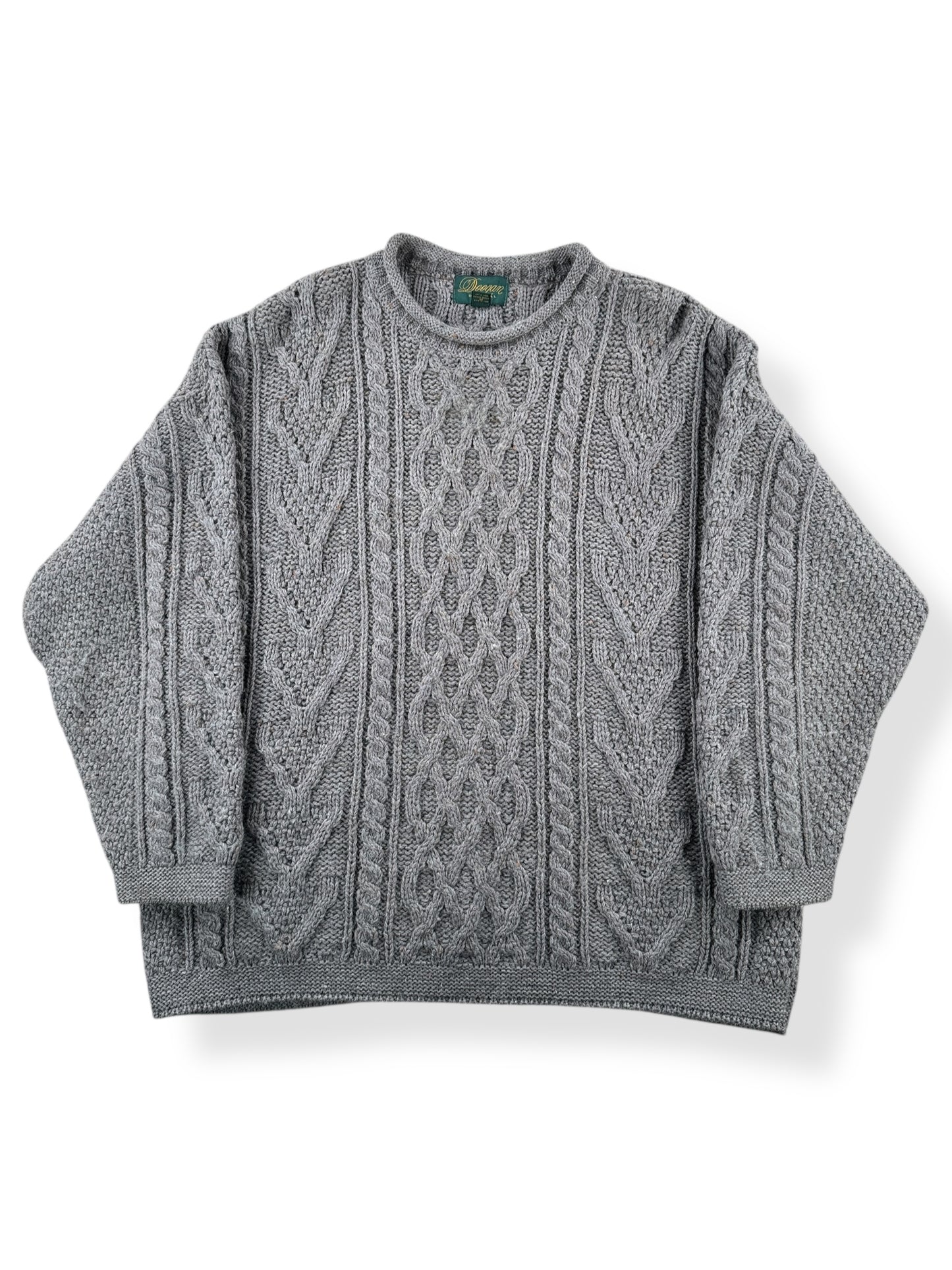 Front of Vintage Doogan Grey Irish Wool Fishermans Sweater SZ XL