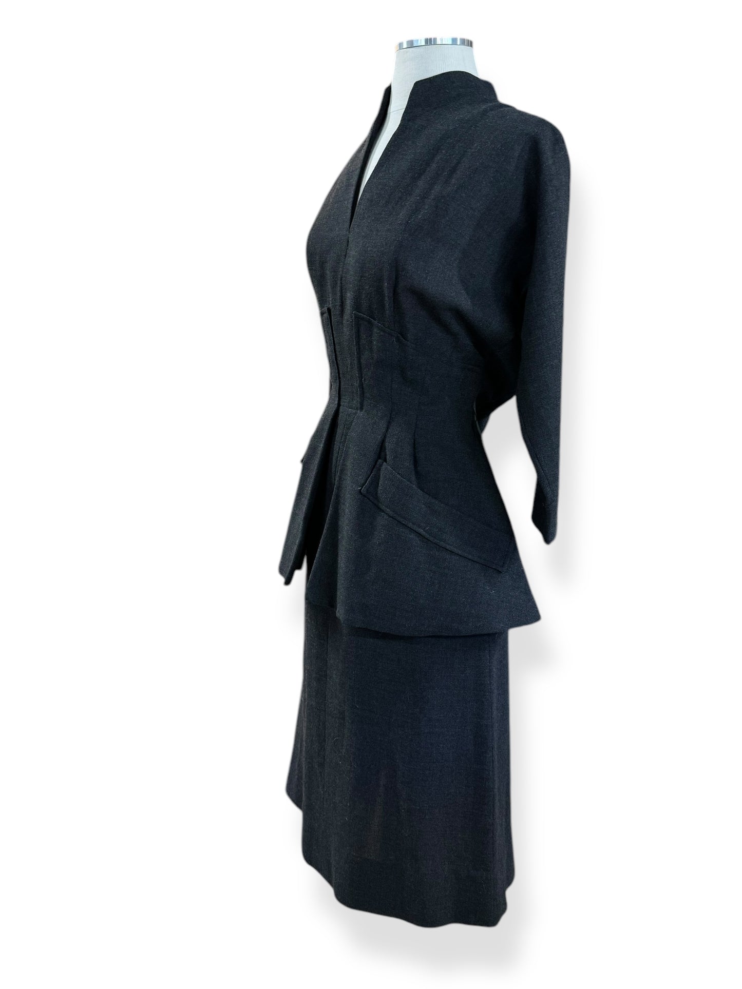 Side view of 1940s Handmade Wool Peplum Dress S-M