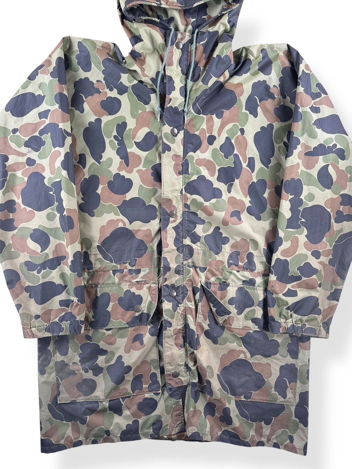 Front Close Up of Vintage Eddie Bauer Camo Rain Jacket SZ M