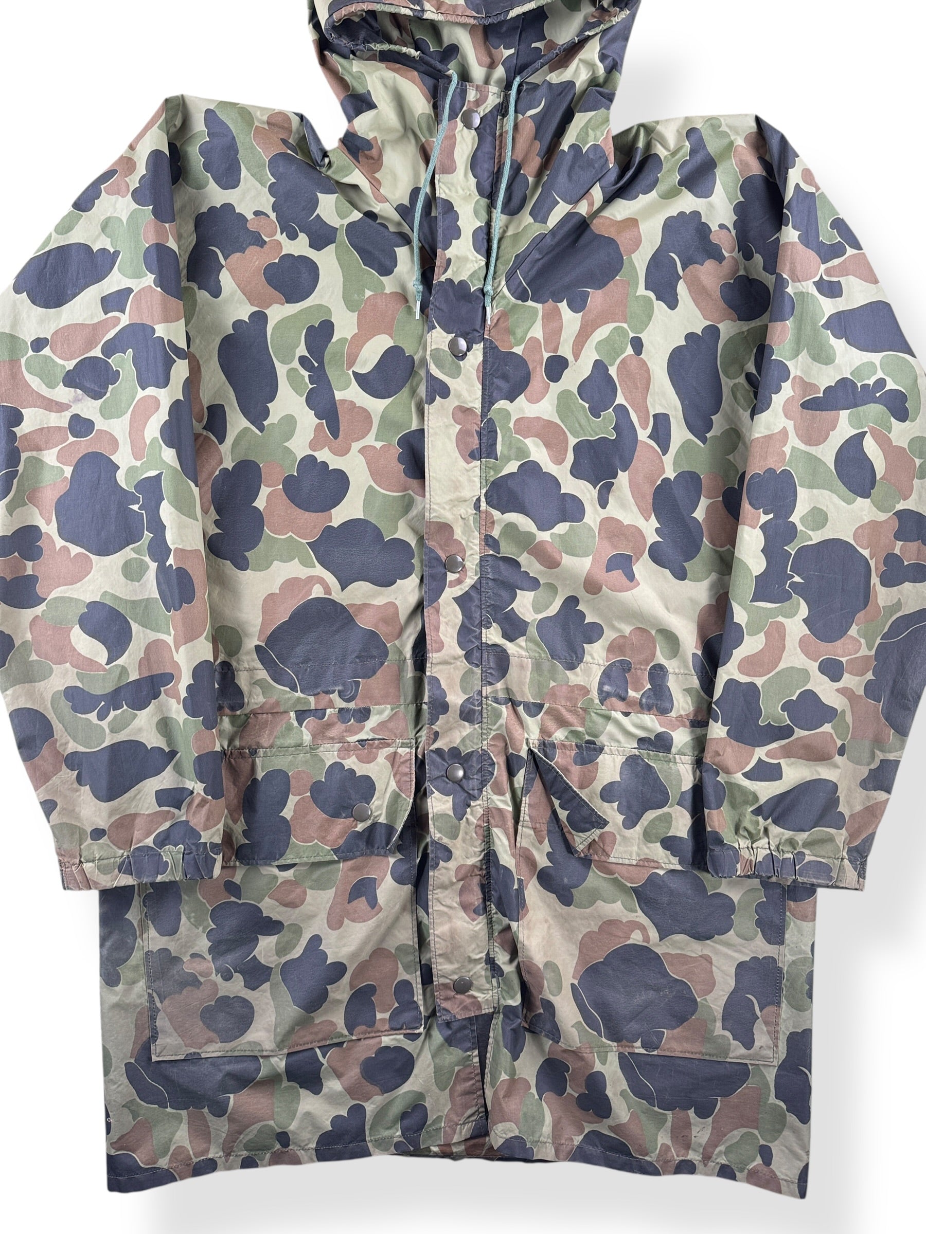 Front Close Up of Vintage Eddie Bauer Camo Rain Jacket SZ M