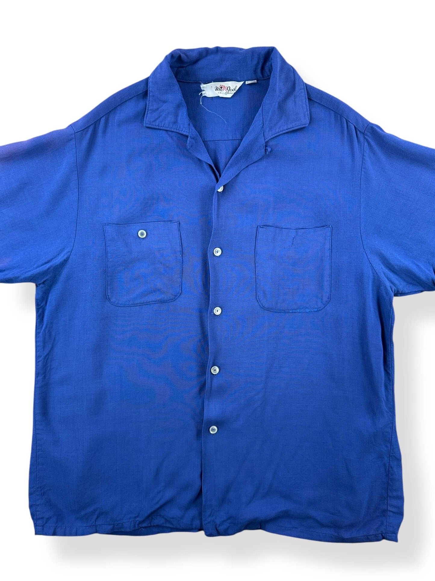 Front Close Up of Vintage Mr Joel Deep Blue Loop Collar Short Sleeve Shirt SZ L