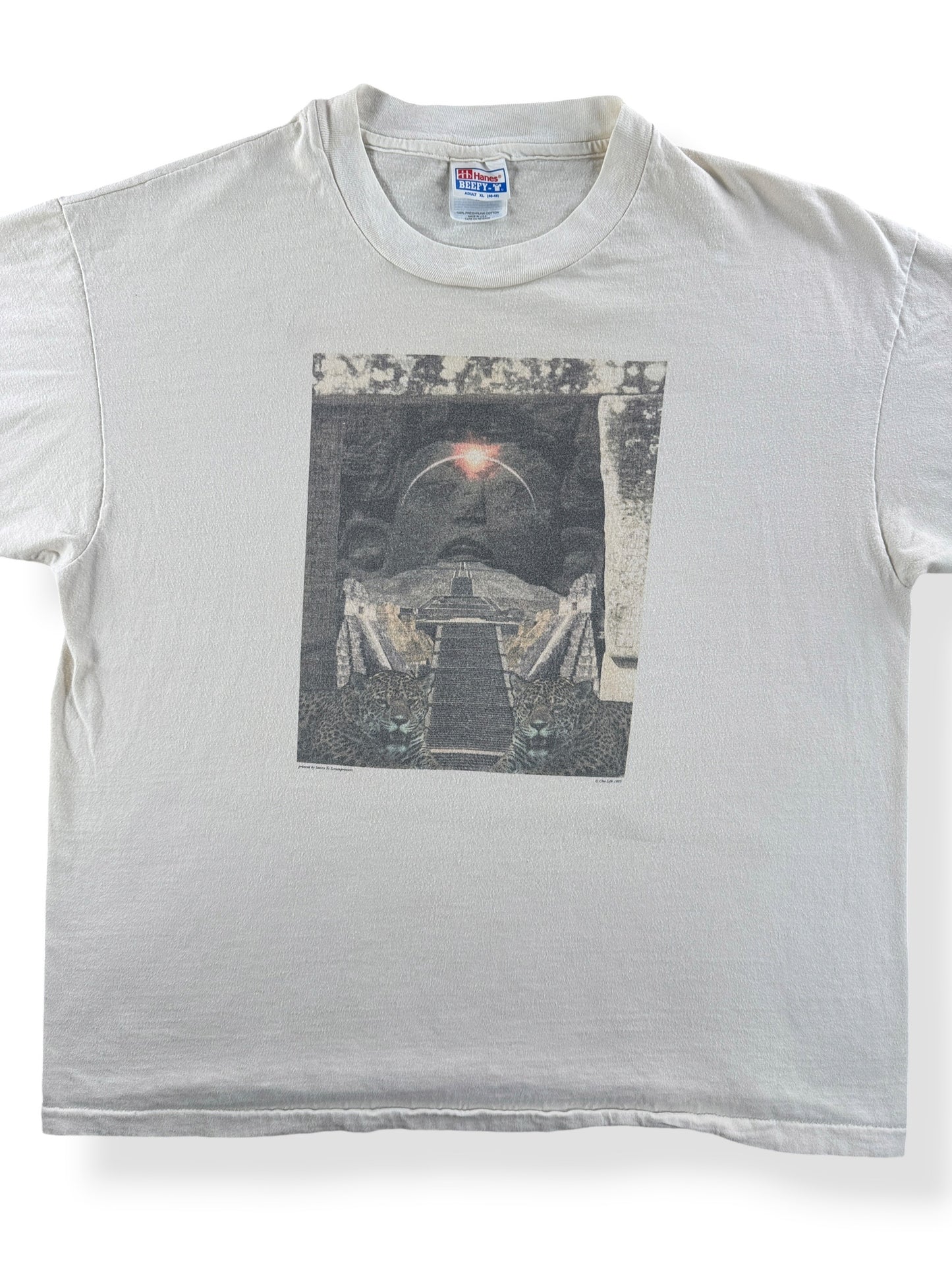 Front Close Up of Vintage 1990’s Hallucinogenic Cat Tee SZ XL