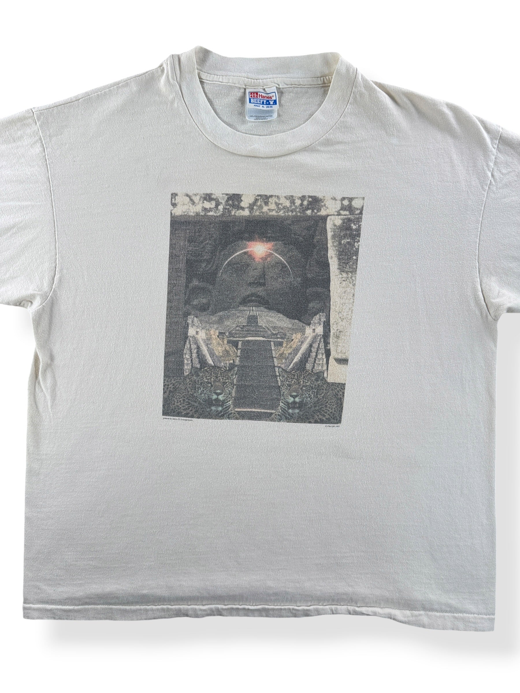 Front Close Up of Vintage 1990’s Hallucinogenic Cat Tee SZ XL