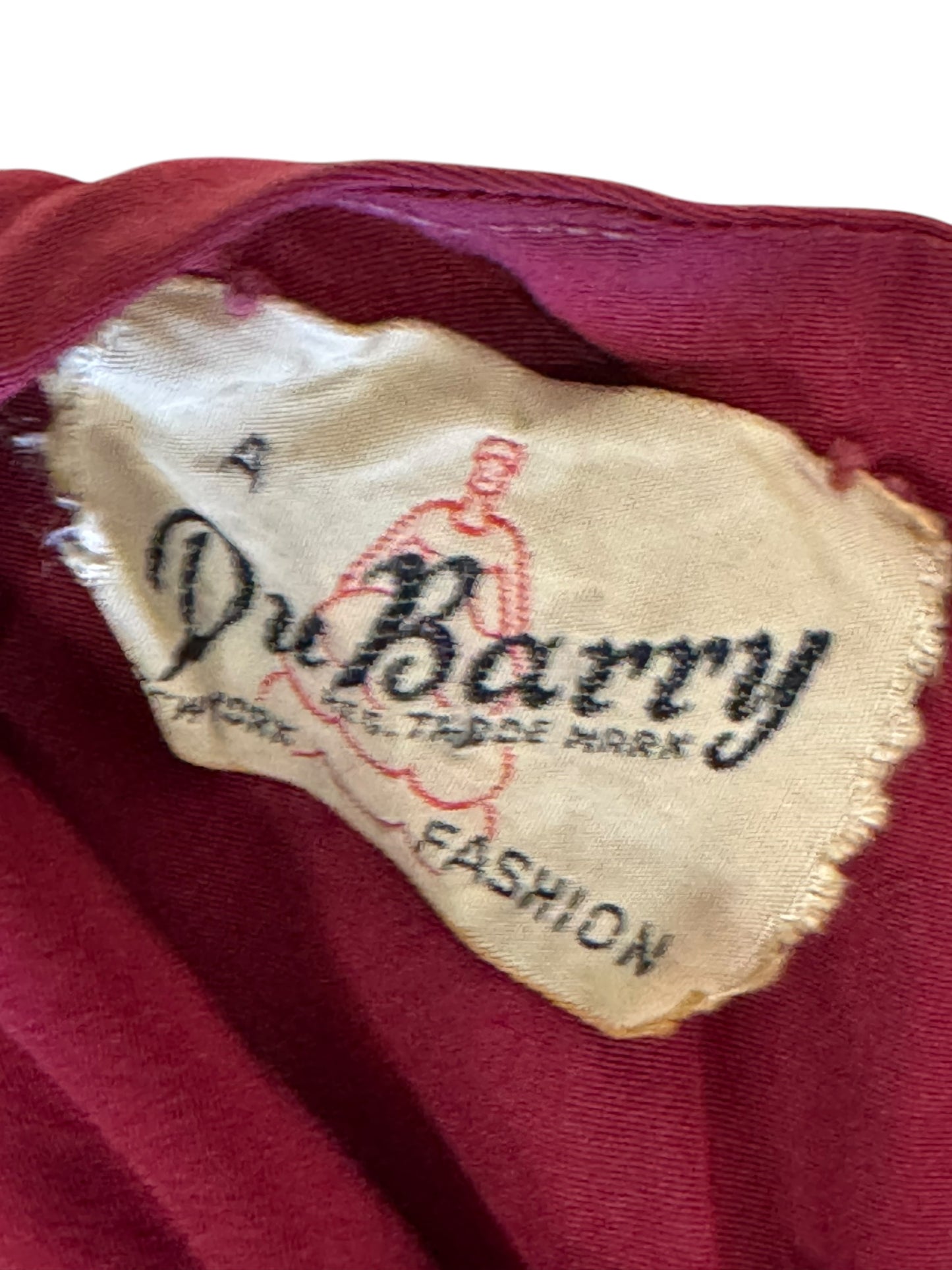 Tag view of 1940s Du Barry Red Rayon Dress S