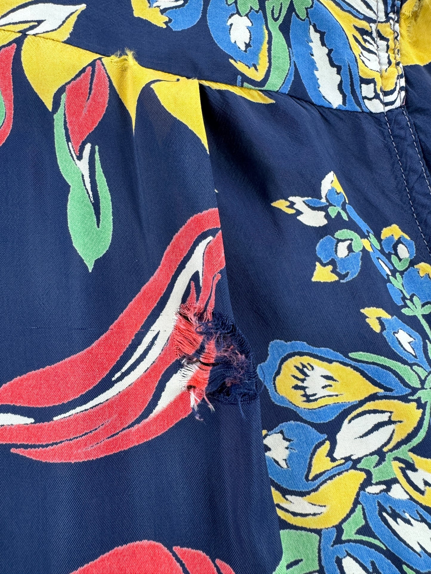 Hole on Vintage Navy Blue Floral Aloha Shirt SZ L AS IS