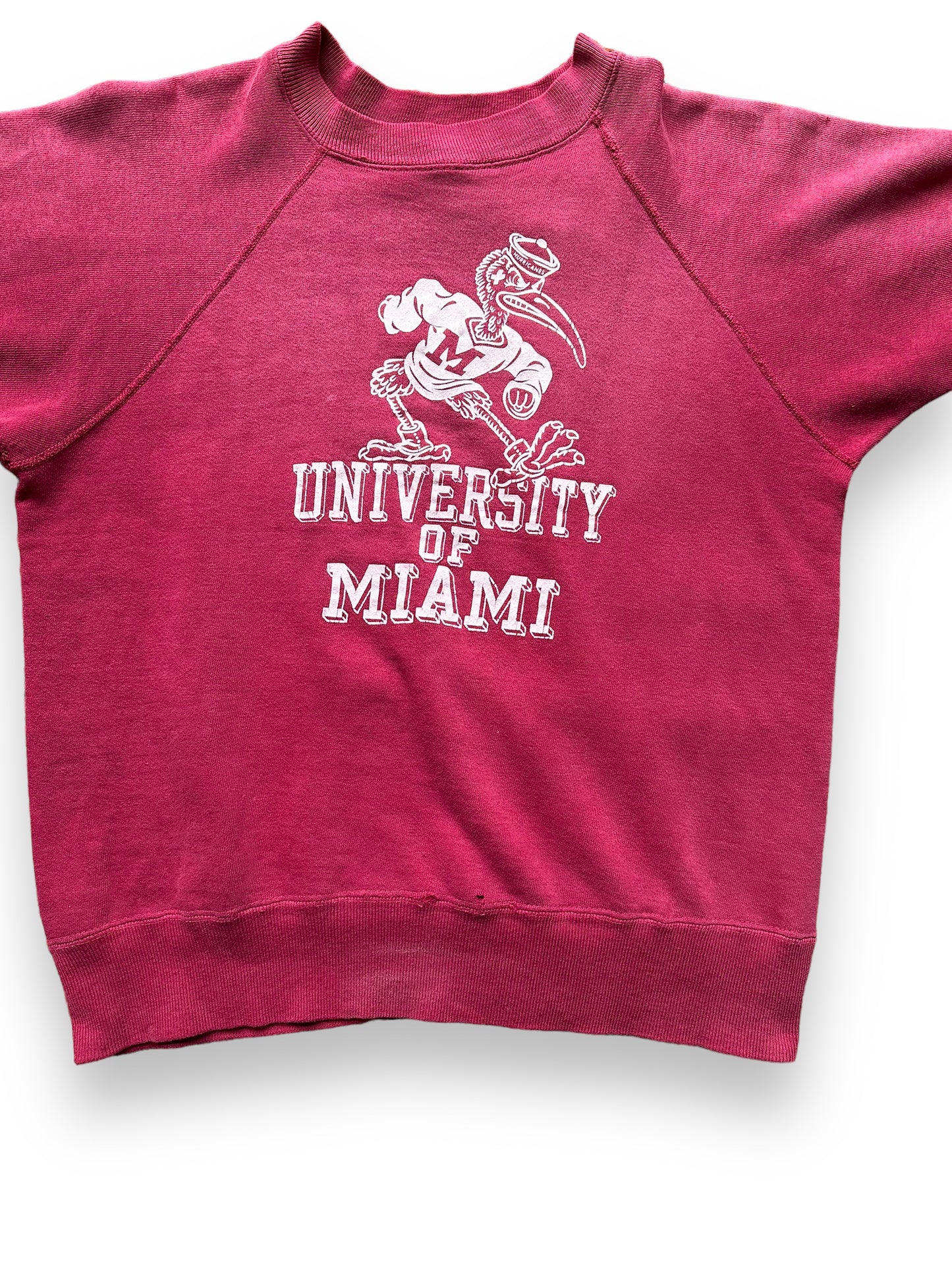 Front Detail on Vintage Two-Sided University of Miami Short Sleeve Crewneck Sweatshirt SZ M | Seattle Vintage Crewneck Sweatshirts | Barn Owl Vintage Seattle