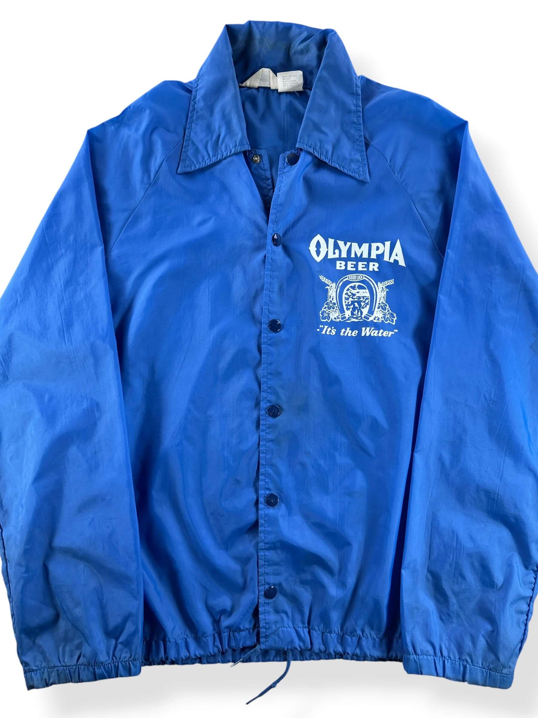 Front Close Up of Vintage Collegiate Pacific Olympia Beer Windbreaker SZ M