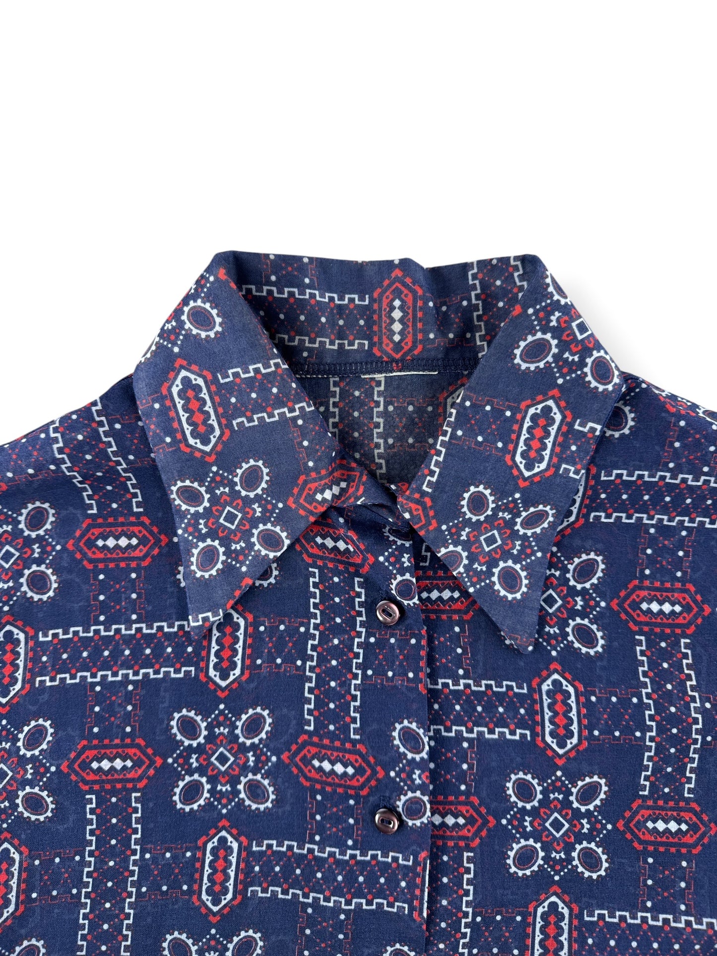 Collar on Vintage Sheer Red White And Blue Printed Blouse SZ L