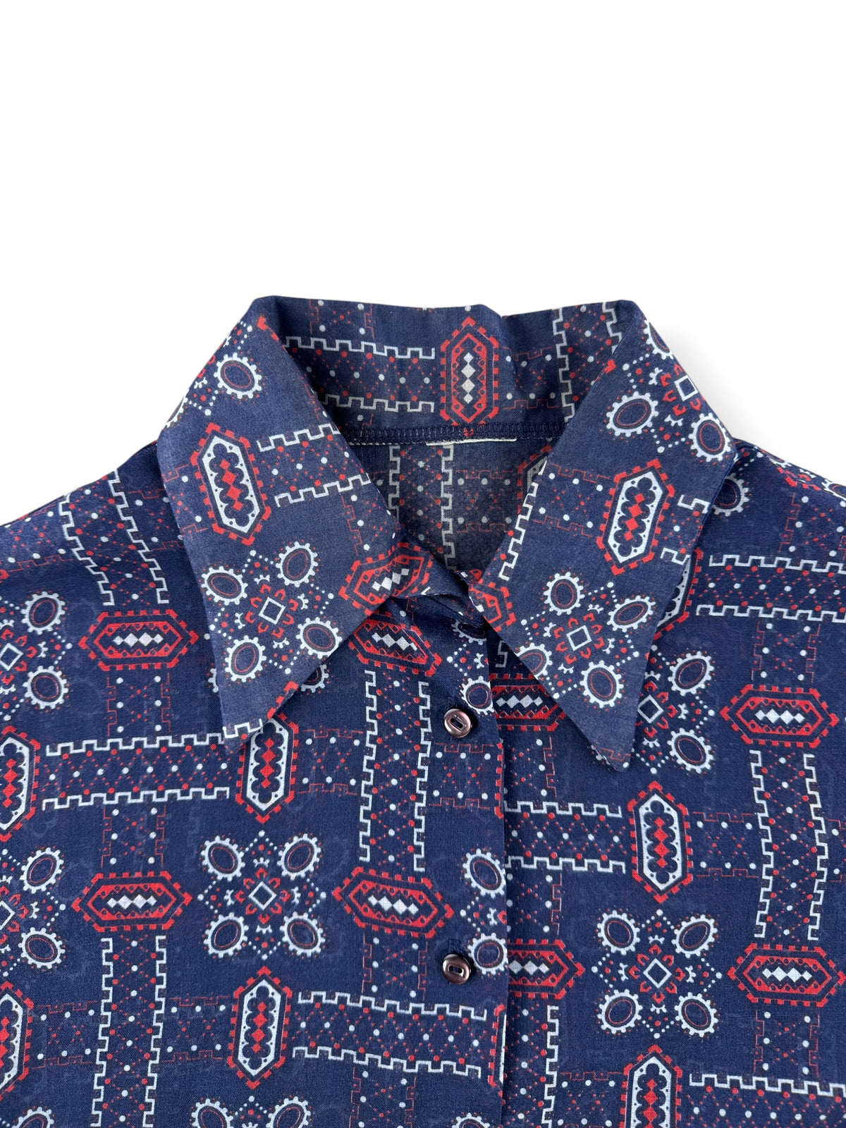 Collar on Vintage Sheer Red White And Blue Printed Blouse SZ L