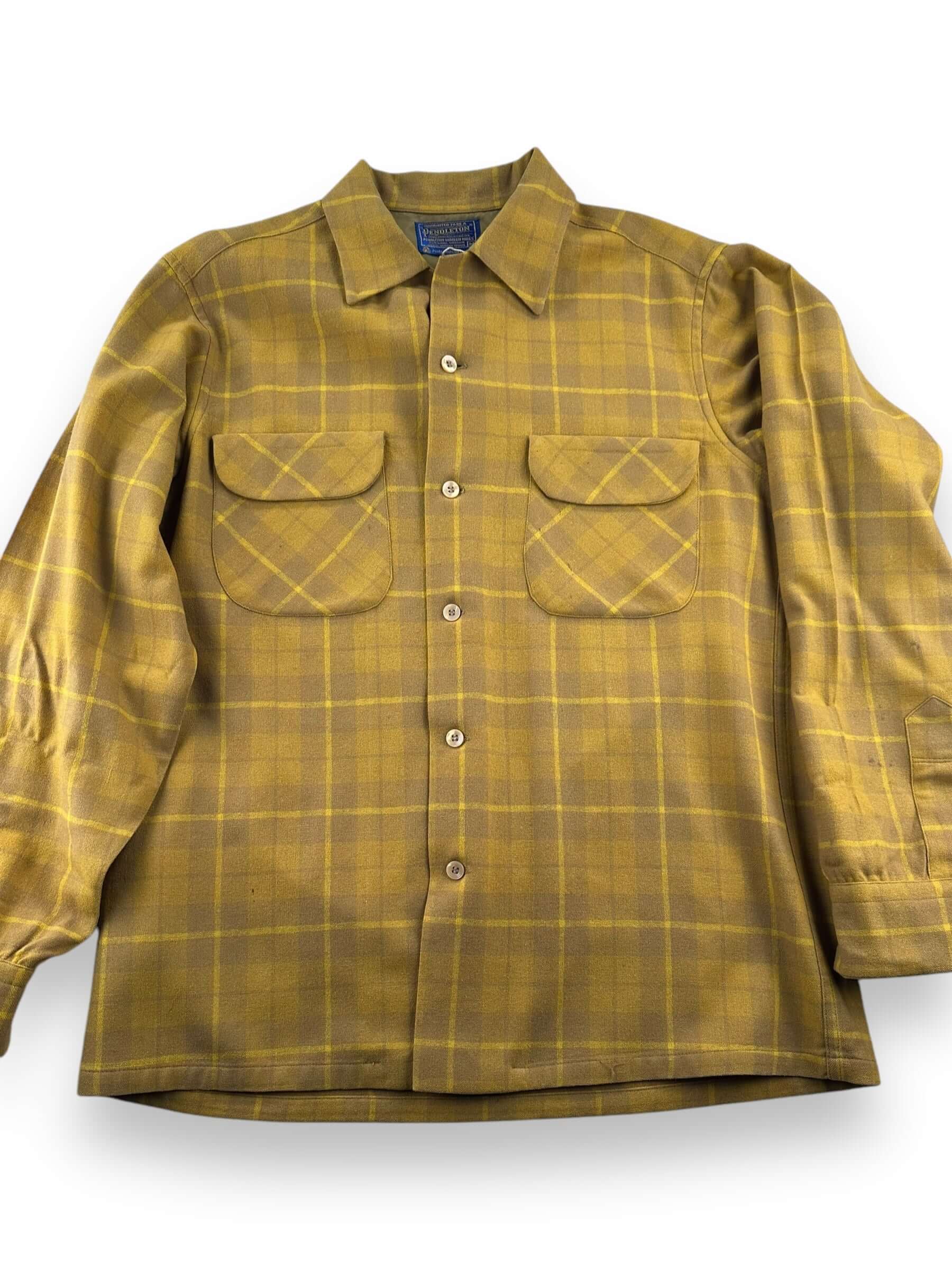 front close up of Vintage Pendleton Mustard Plaid Wool Board Shirt SZ M