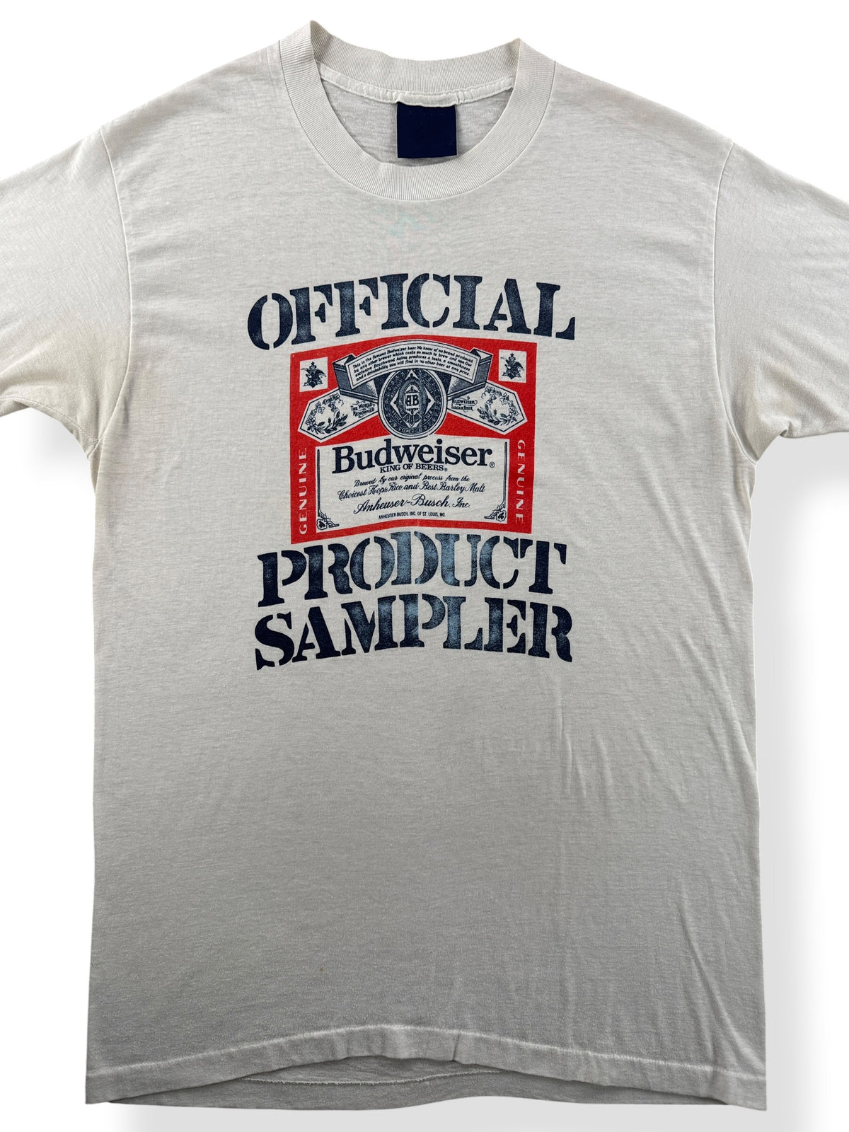Close-up of Vintage 1980s Budweiser Product Sampler Tee SZ XL (Fits S)