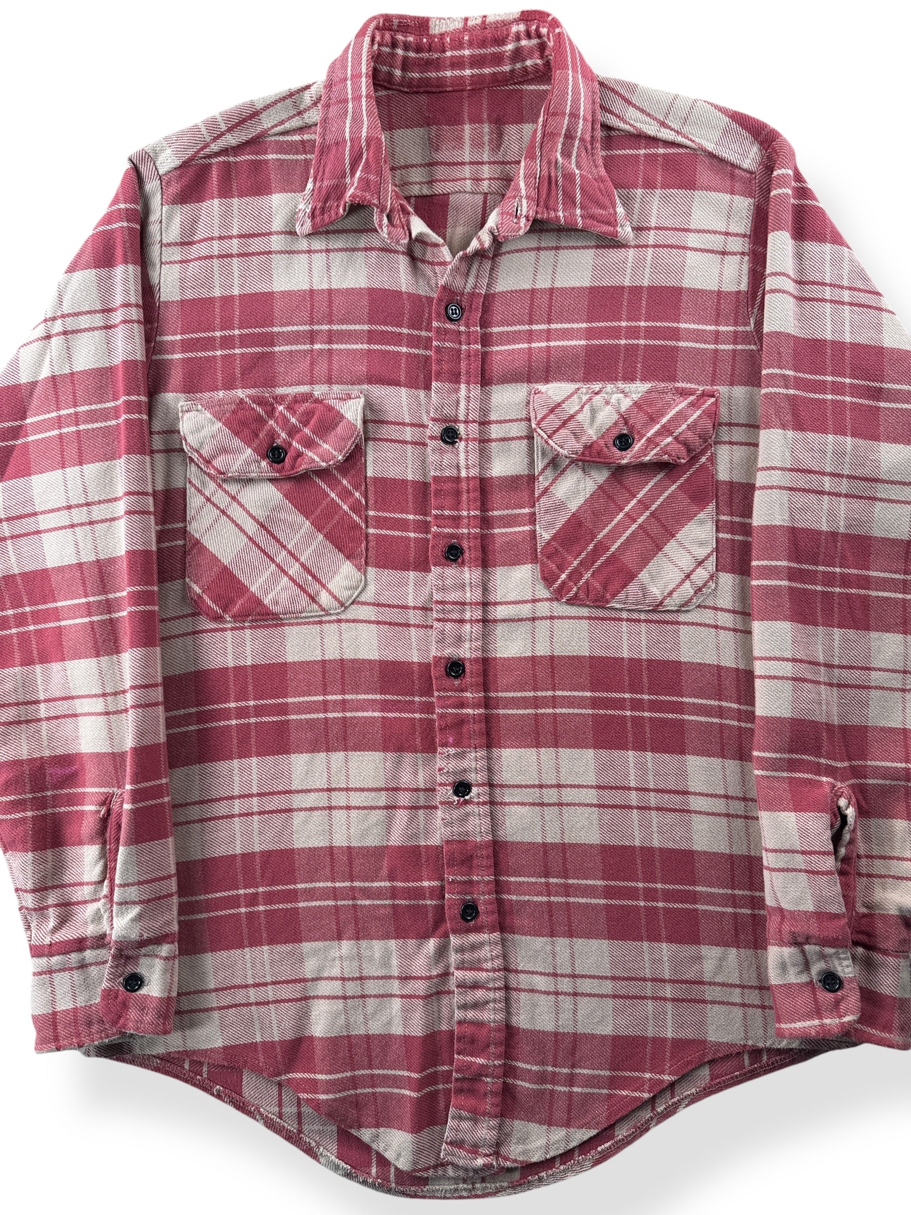 Front Close Up of Vintage Salmon Plaid Cotton Flannel SZ S