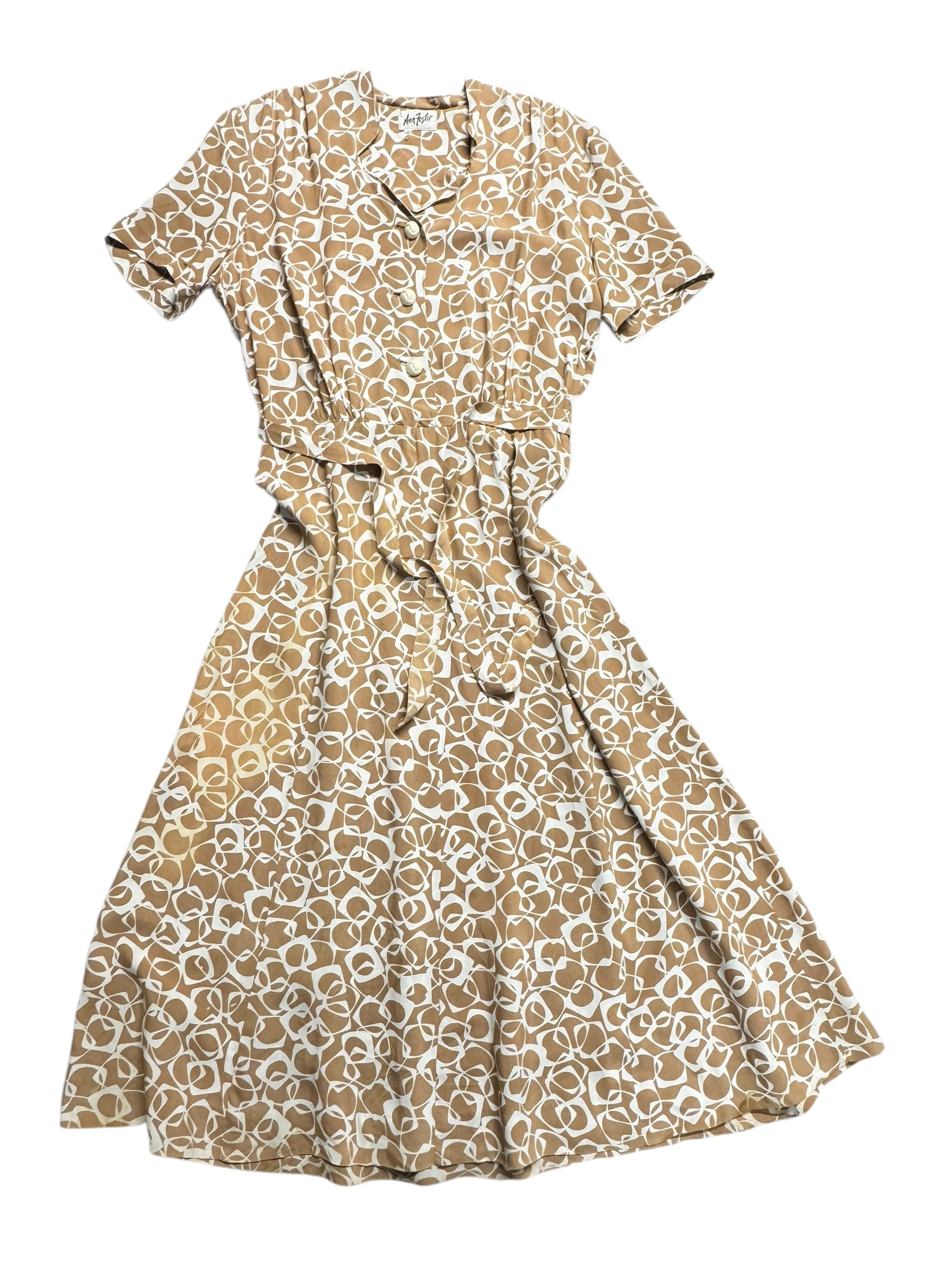 Front view of 1940s Beige Geometric Dress M