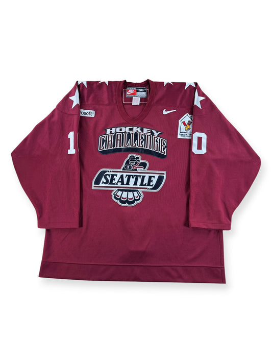 Front of Vintage Burgundy 2000s Seattle Thunderbirds Hockey Challenge Game Worn Jersey SZ 56