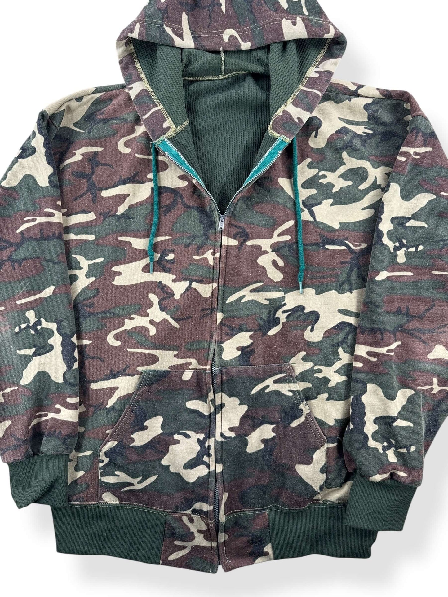 Front Close Up of Vintage Camo Waffle Lined Zip Up Sweatshirt SZ XL