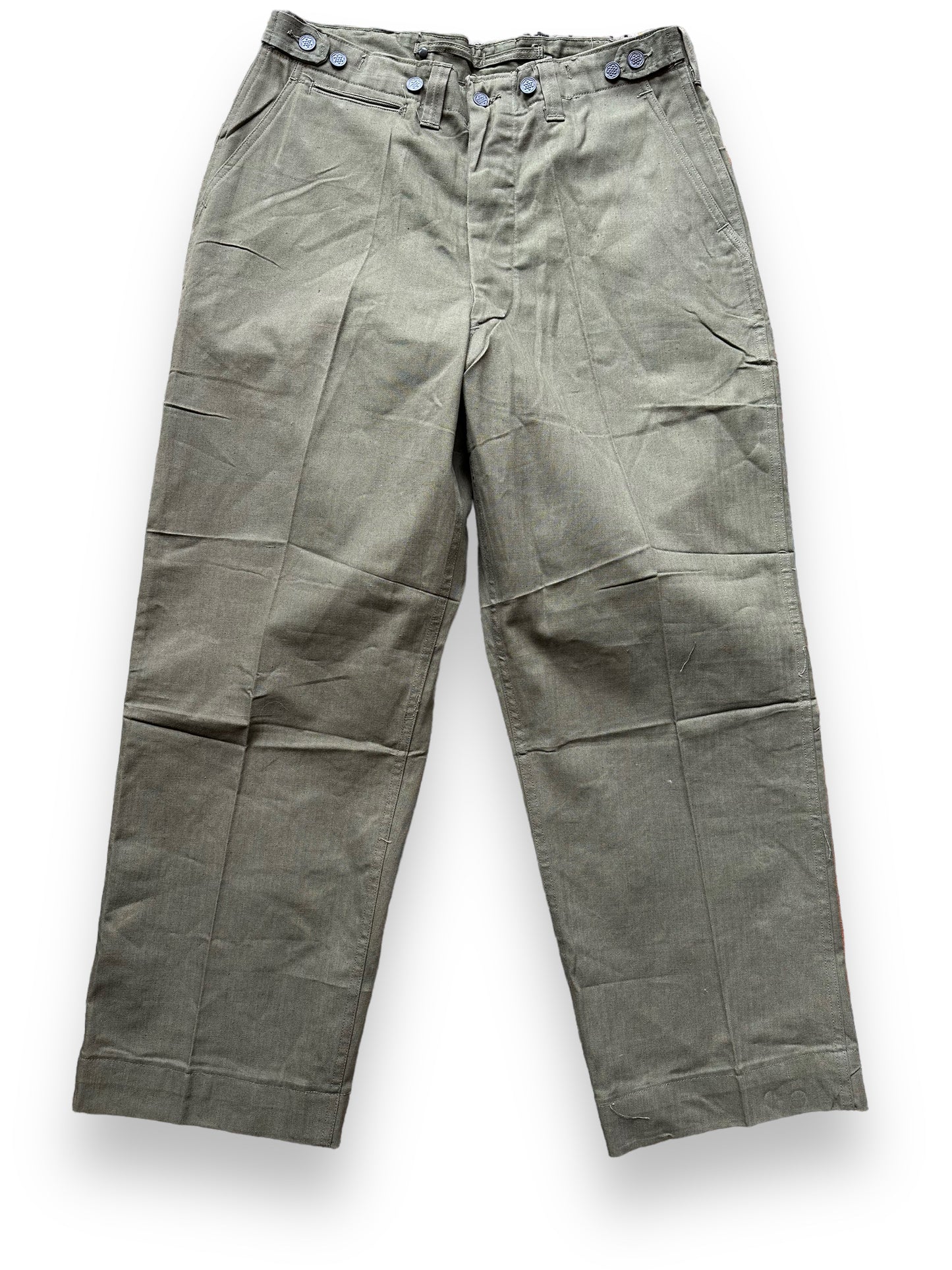 Front View of Vintage WWII M-43 HBT Field Cotton Trousers Olive Drab W34 | Barn Owl Vintage Seattle | Vintage Military Trousers Seattle