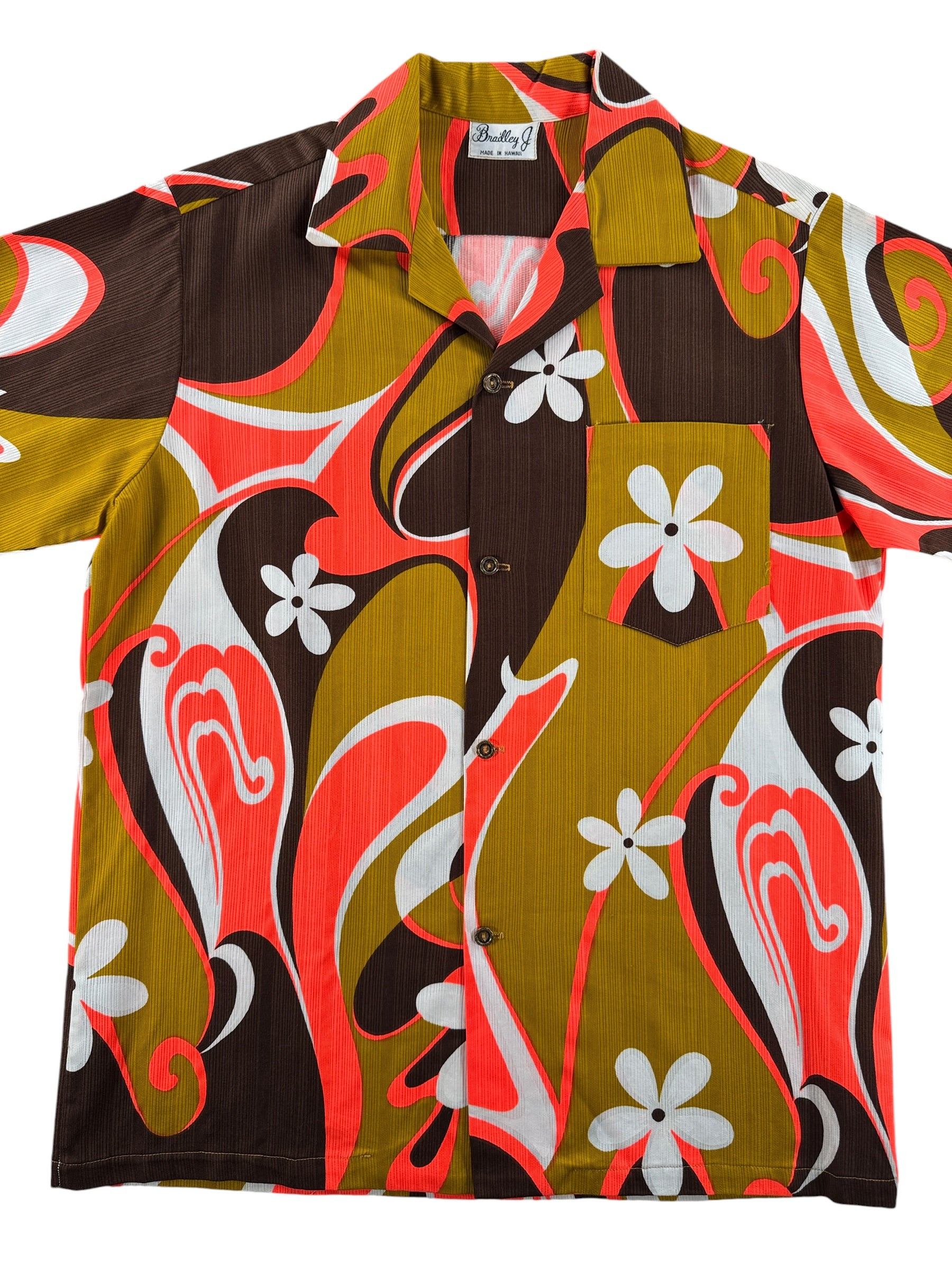 Front Close Up of Vintage Bradley Psychedelic Barkcloth Aloha Shirt SZ M