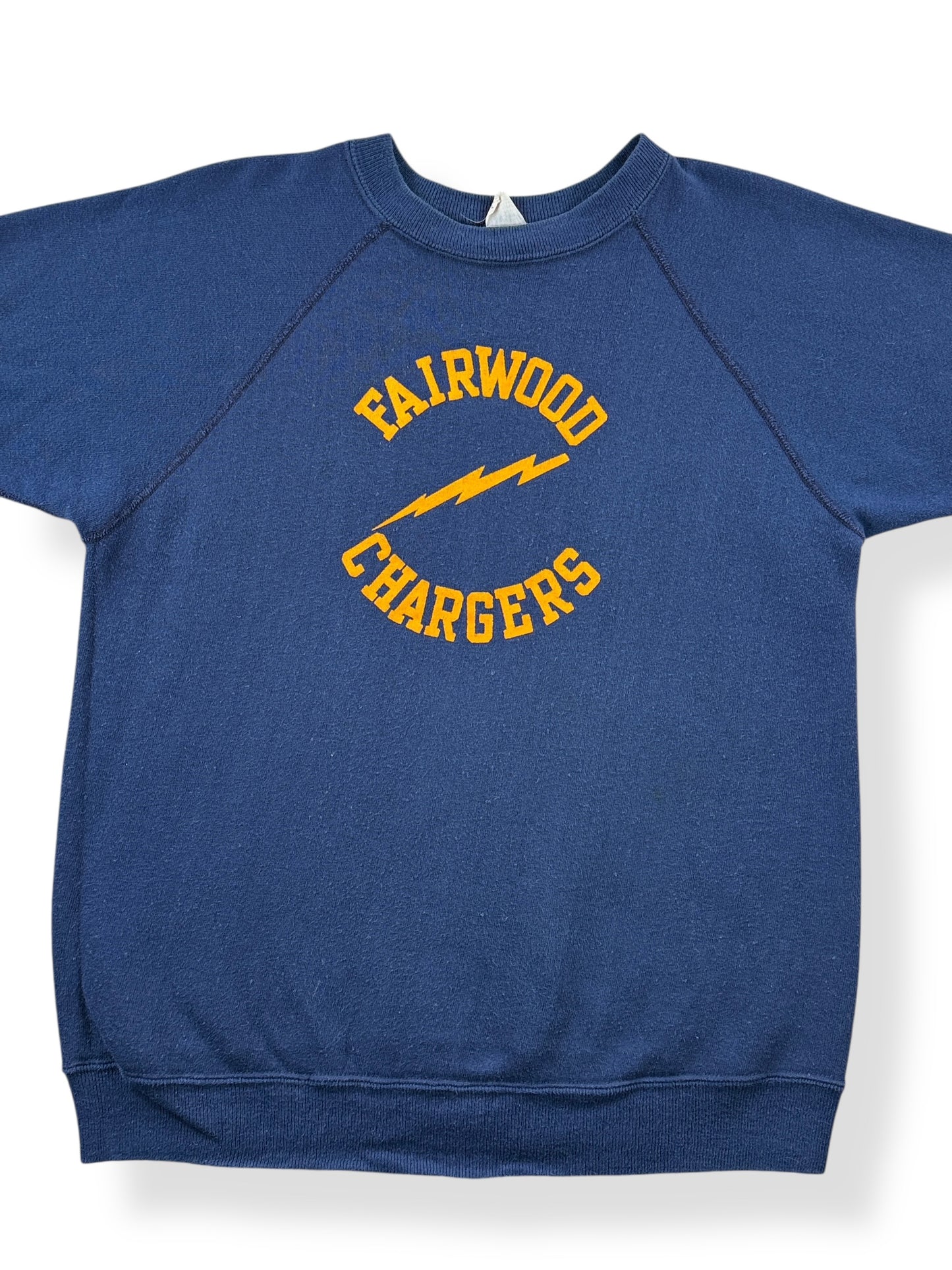 Front Close Up of Vintage Fairwood Chargers Flocked VelvaSheen Short Sleeve Sweatshirt SZ L (Fit S)