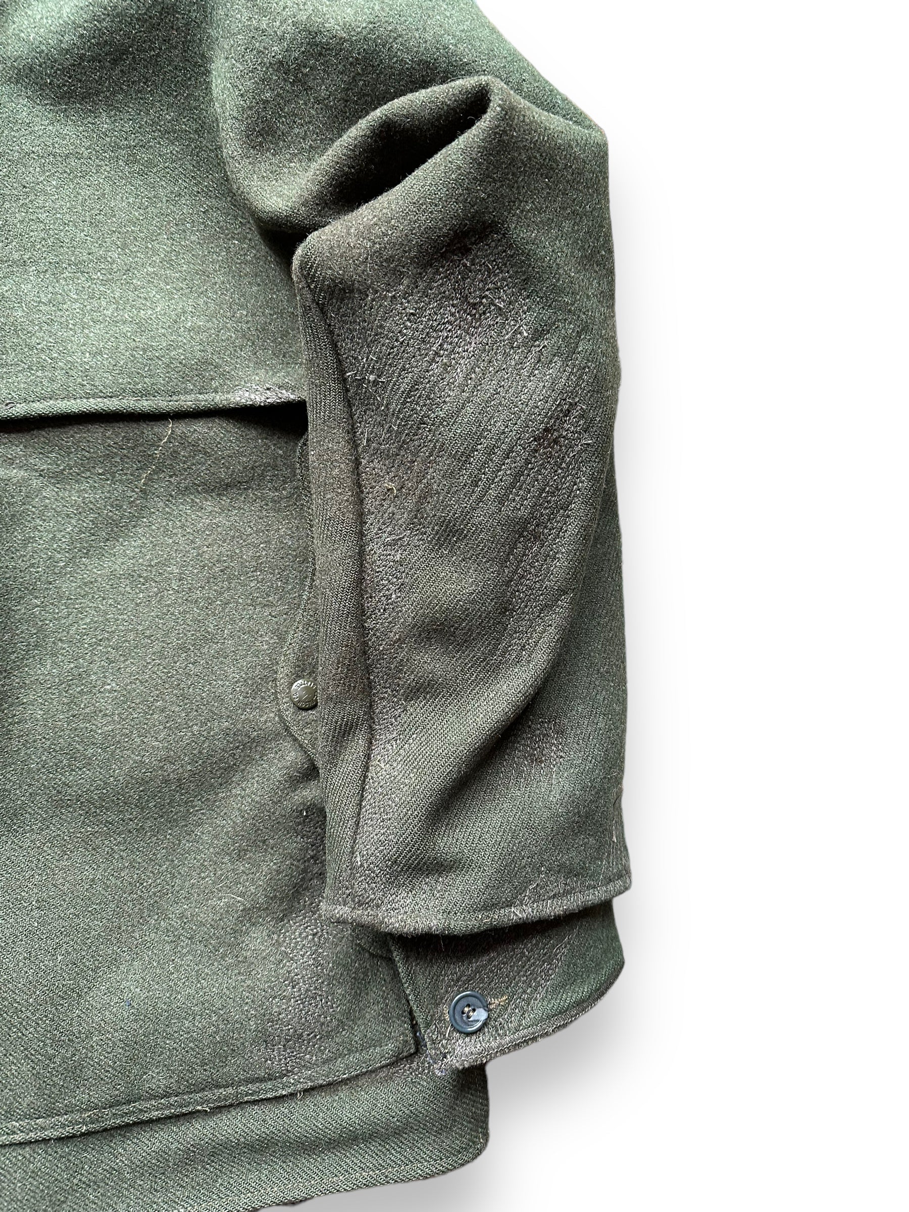 Right Arm Darned Repairs on Vintage Filson Forest Green Repaired Double Mackinaw Cruiser SZ 40 |  Vintage Filson Cruiser Seattle | Vintage Workwear Seattle