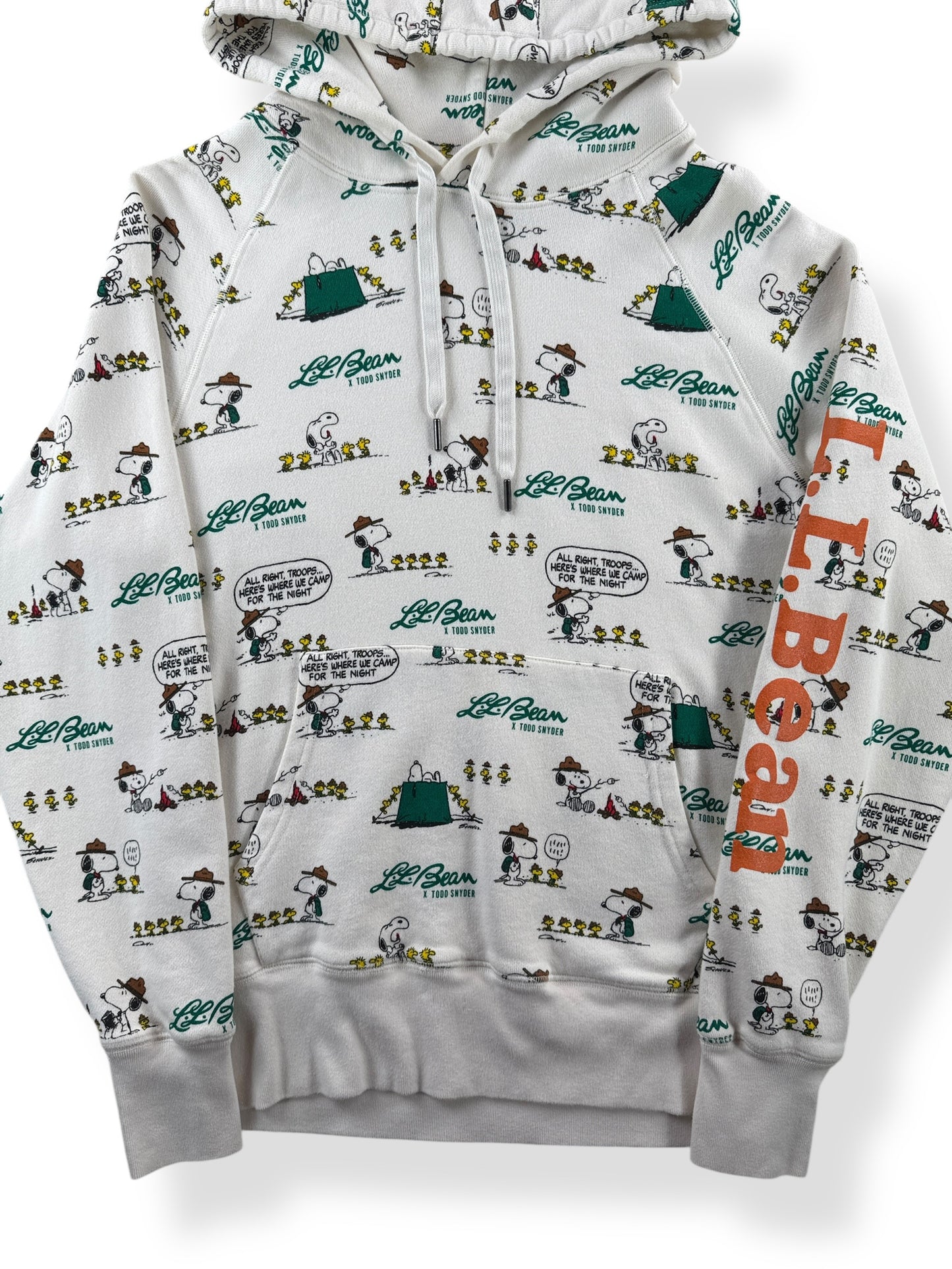Front Close Up of Repro LL Bean x Todd Snyder All Over Print Snoopy Hoodie SZ M