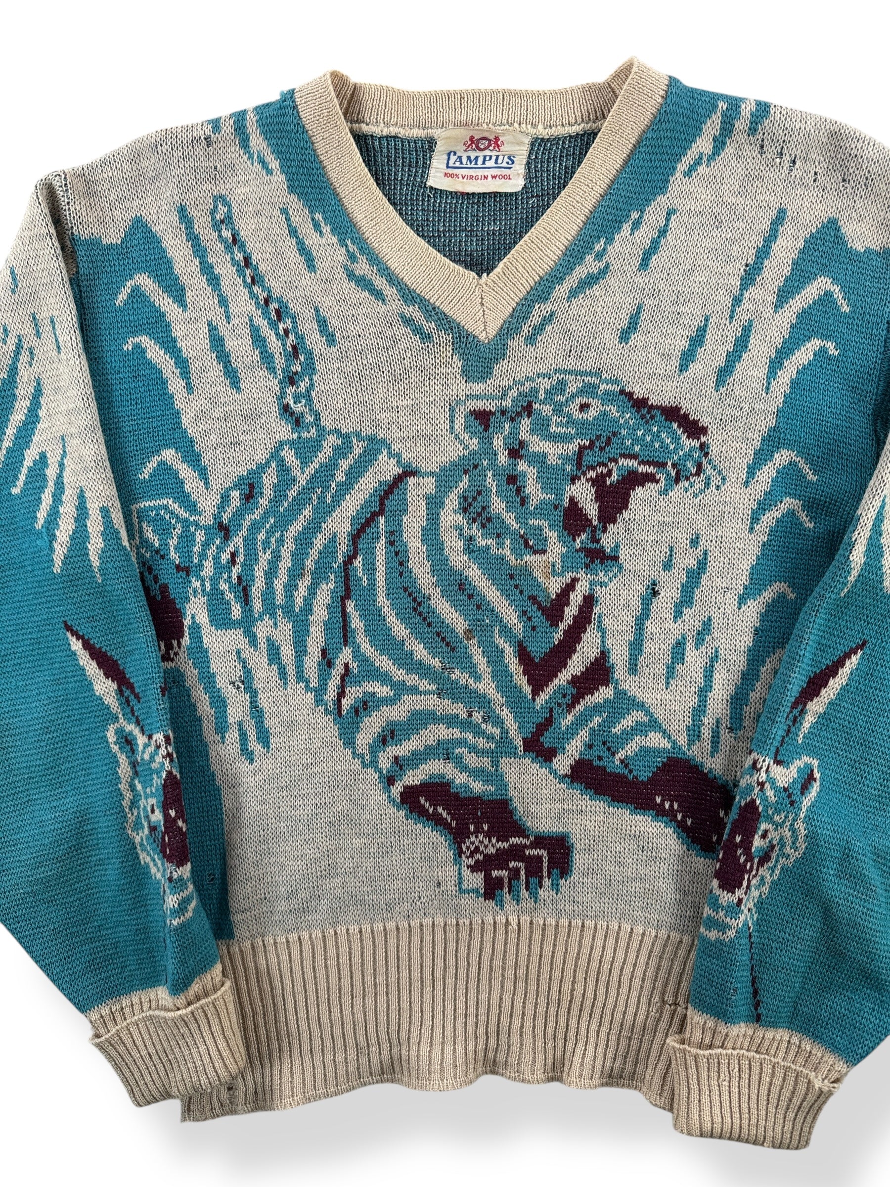 Front Close Up of Vintage Campus Wool Tiger Sweater SZ M