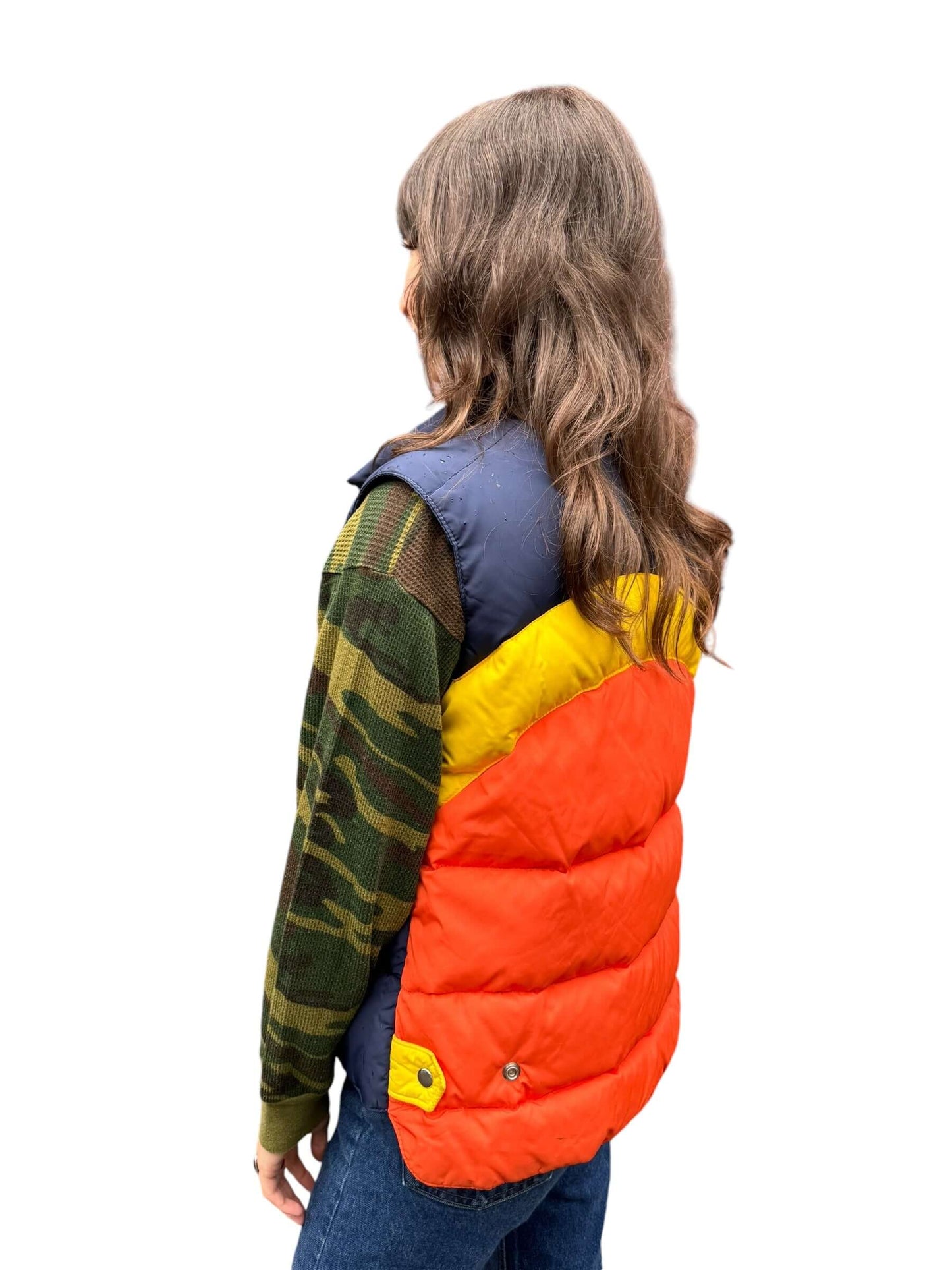 Side model view of 1970s Women's Mountain Goat by White Stag Puffer Vest M