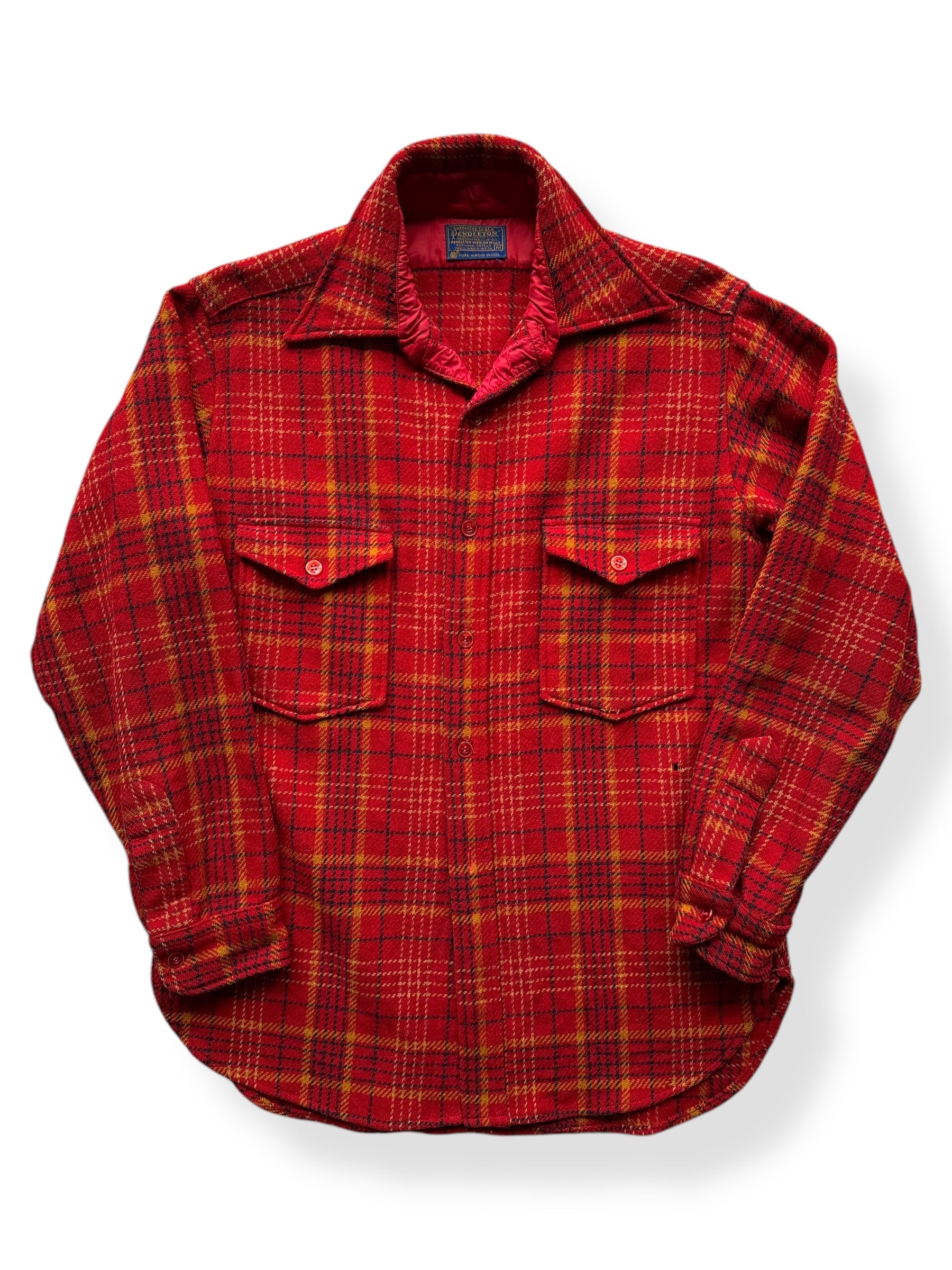 Front of Vintage Pendleton Red and Yellow Heavy Wool Flannel SZ M