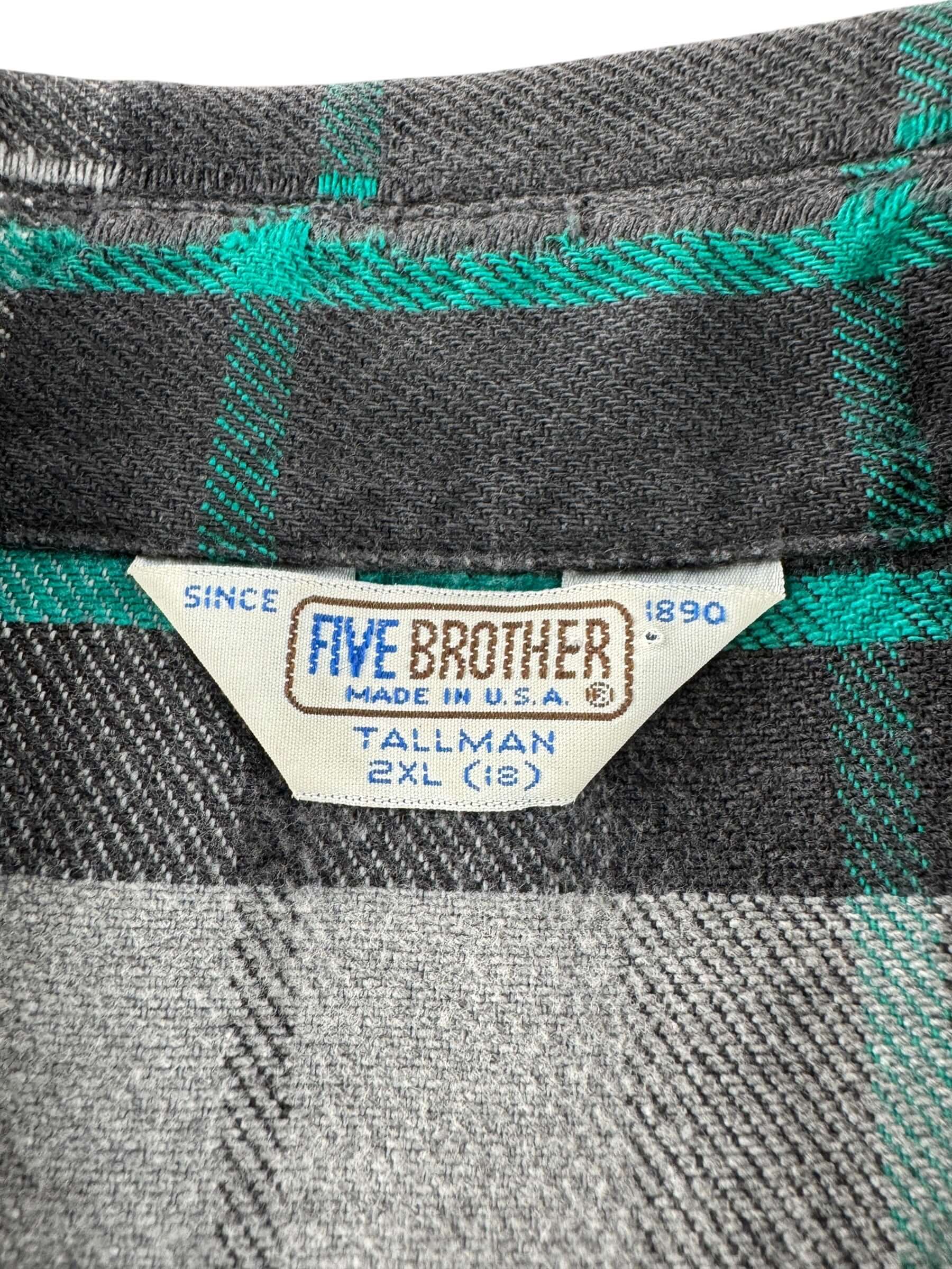 Tag on Vintage Five Brothers Grey and Green Cotton Flannel SZ XXL Tall