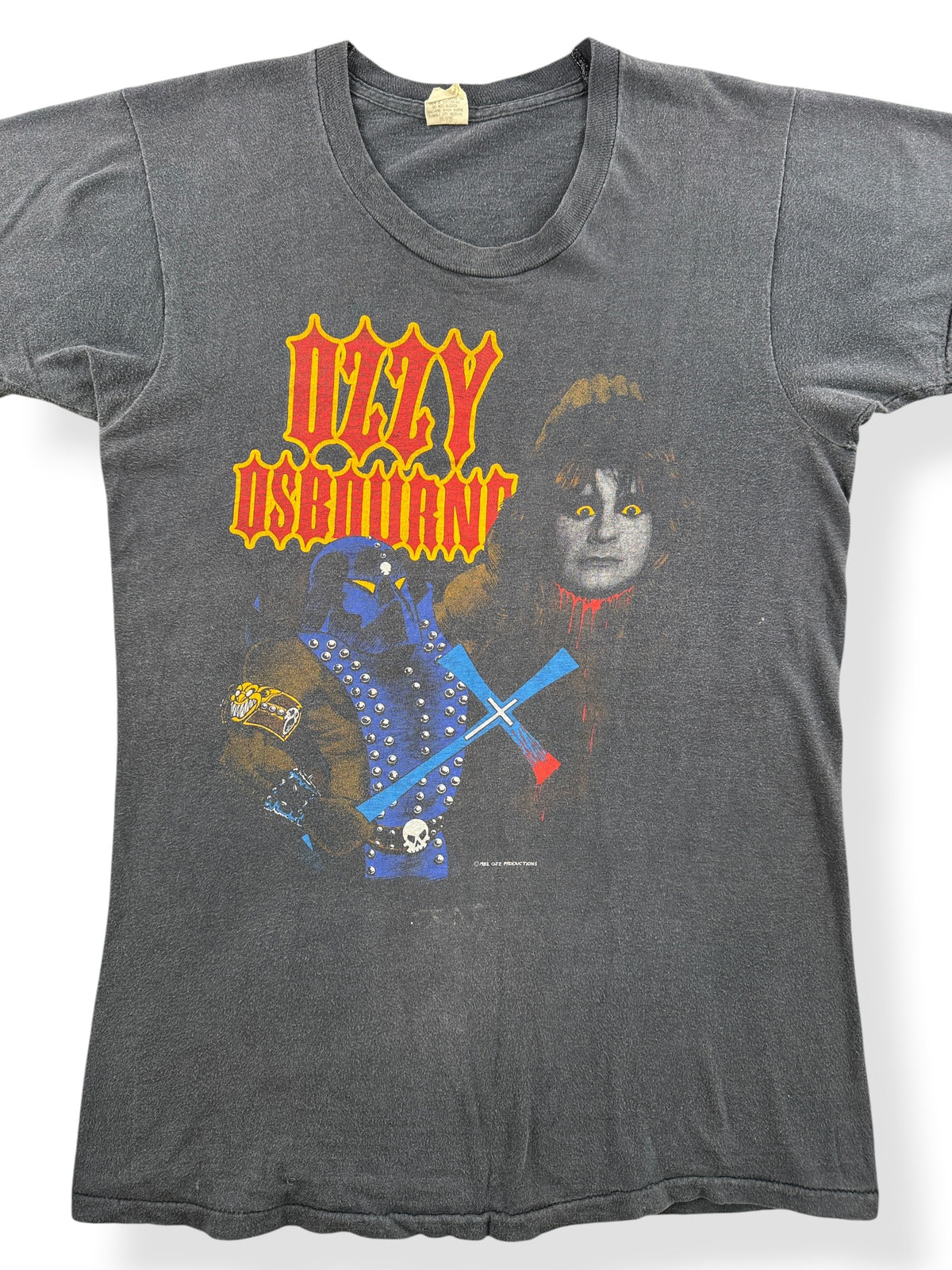 Close-up of Vintage '82 Ozzy Osbourne Diary of a Madman Executioner Tee SZ L (Fits S)
