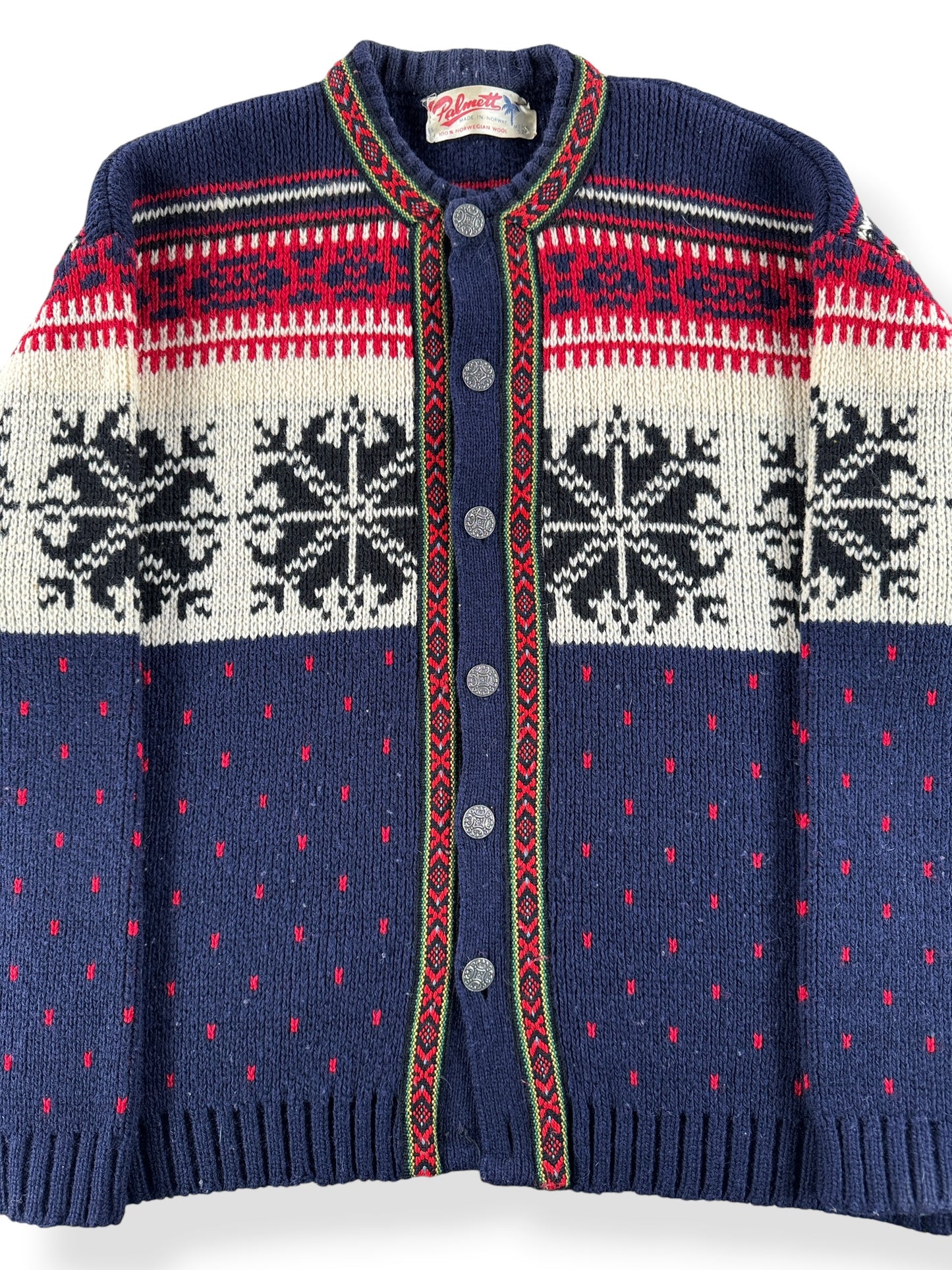 Front Close Up of Vintage Norwegian Cardigan Sweater SZ XL