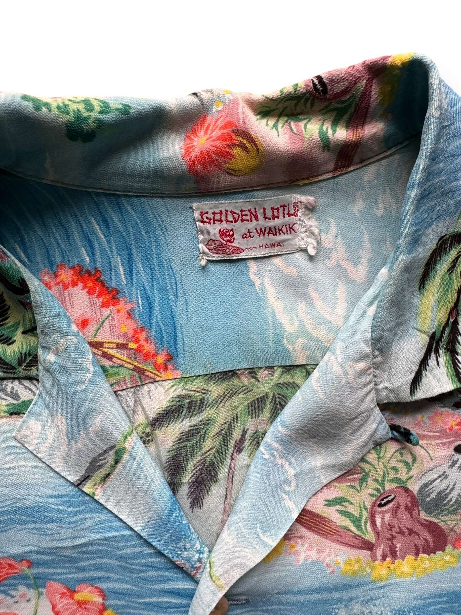 Tag View of Vintage Golden Lotus Kabe Crepe Aloha Shirt SZ L