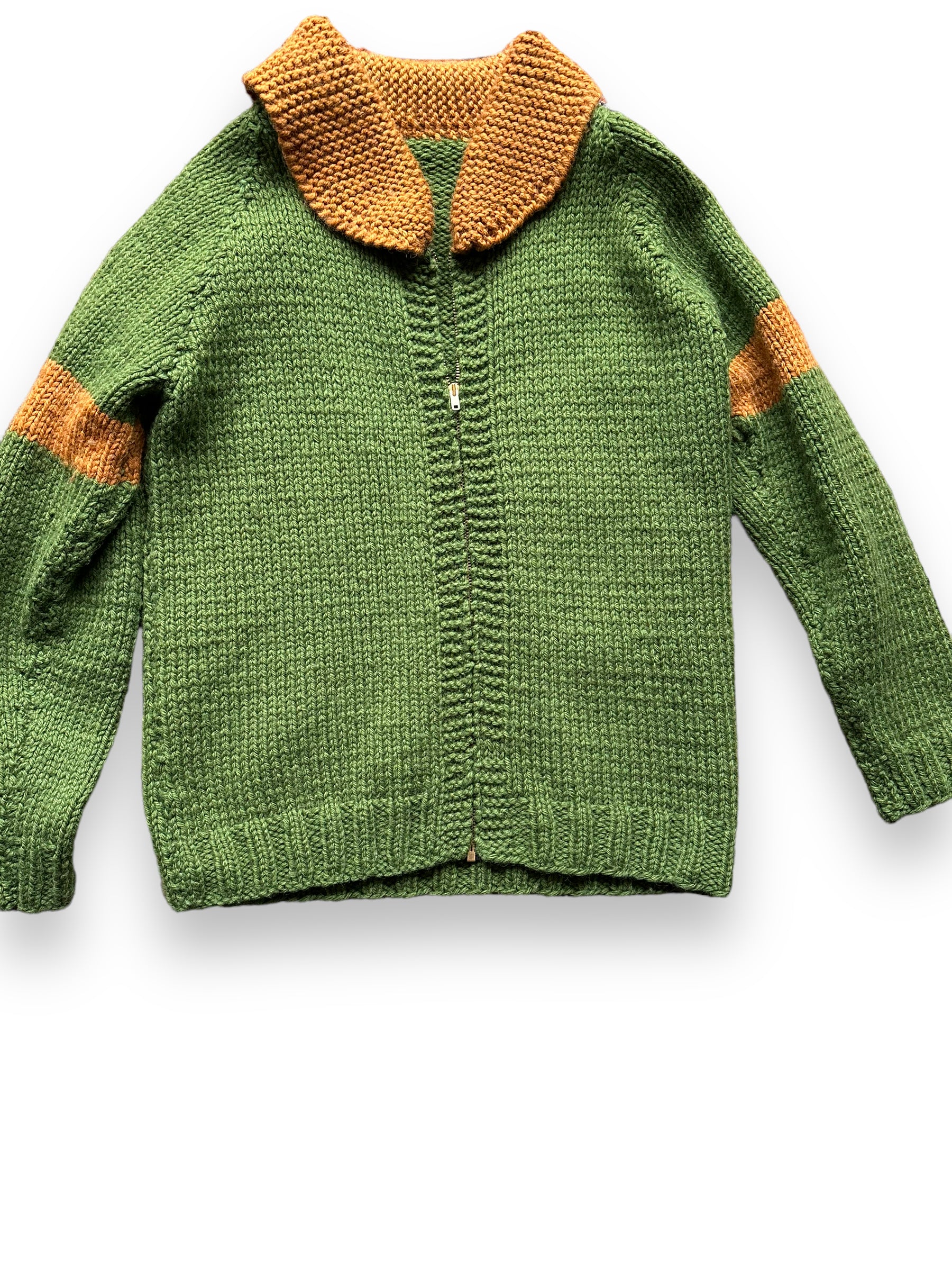 Front Detail on Vintage Green and Brown Striped Handknit Sweater SZ L | Vintage Wool Sweaters Seattle | Barn Owl Vintage Seattle