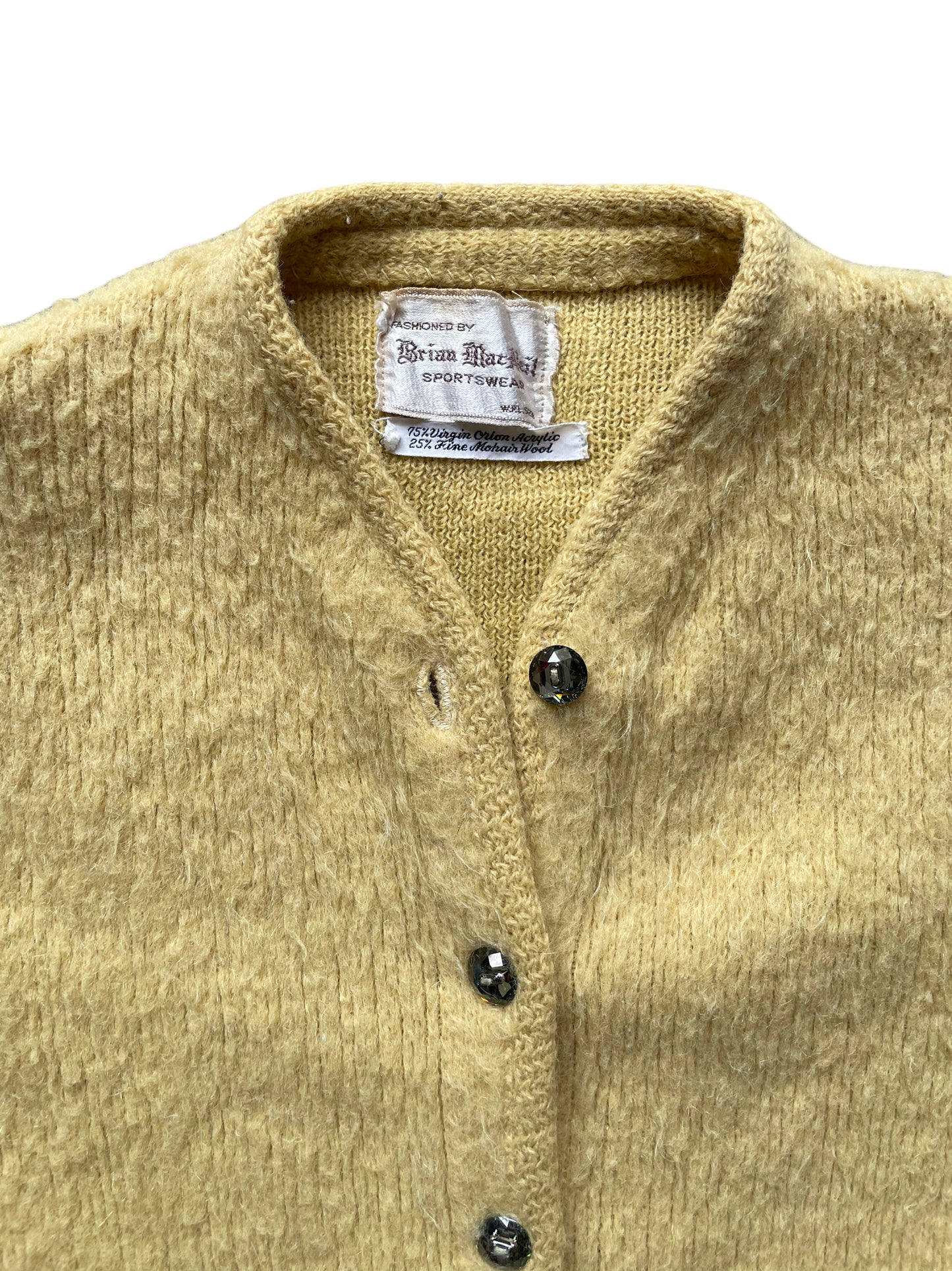 Collar view of Vintage 1950s Yellow Orlon Mohair Cardigan | Barn Owl Sweaters | Seattle Vintage