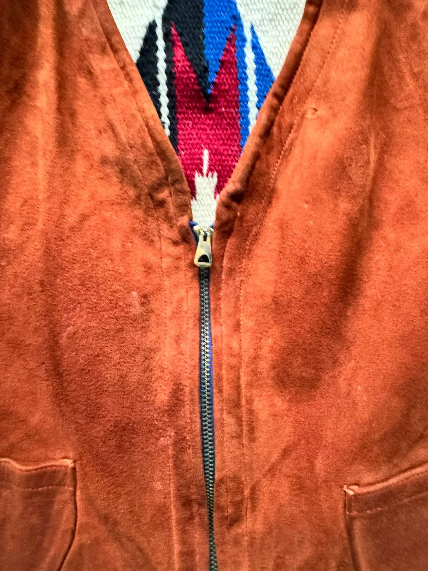 Chest view of 1930s Pioneer Wear Chimayo and Suede Vest S