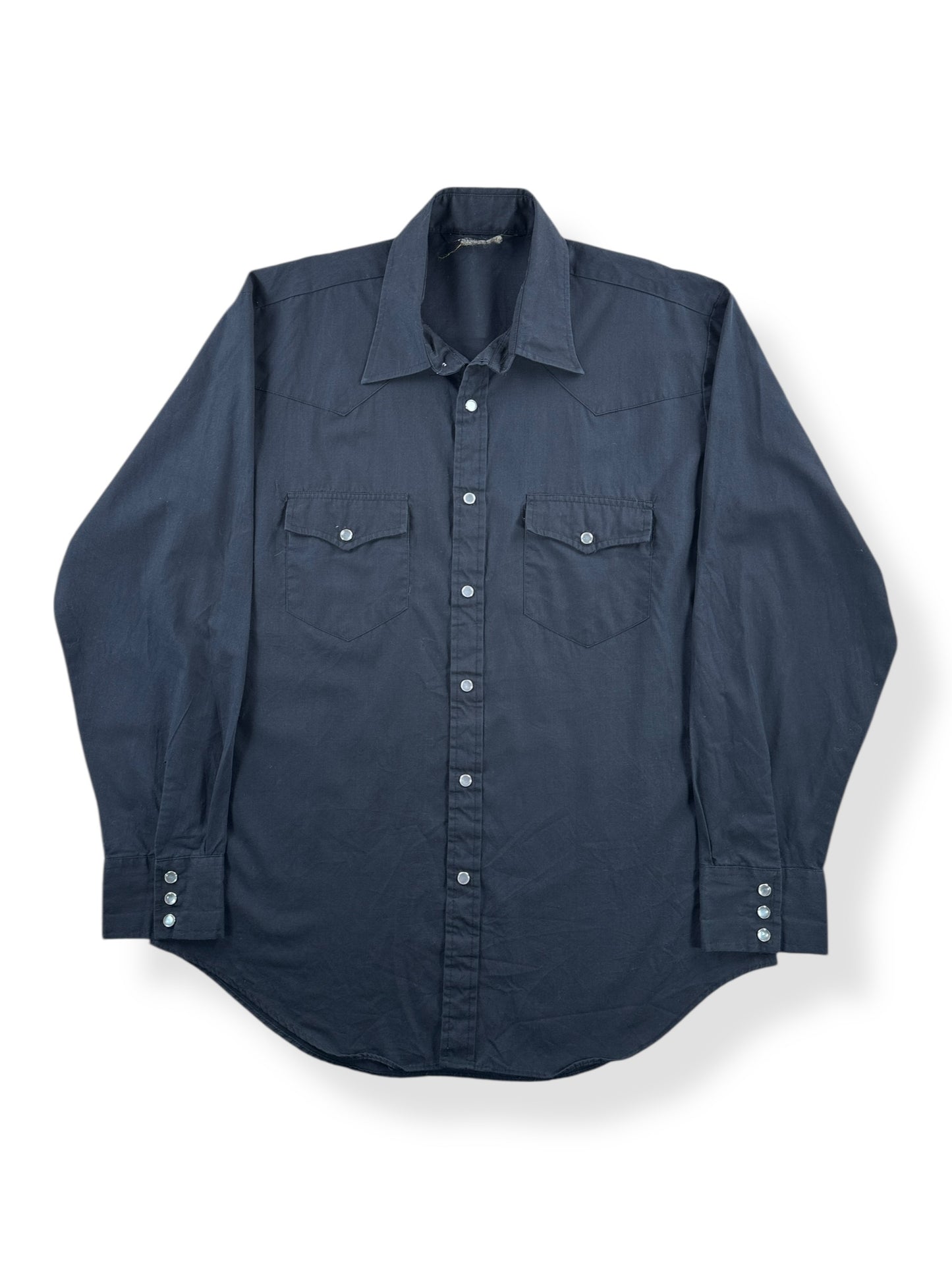 Front of Vintage Black Sunbelt Poly Cotton Pearl Snap Shirt SZ 16-34 (SZ L)