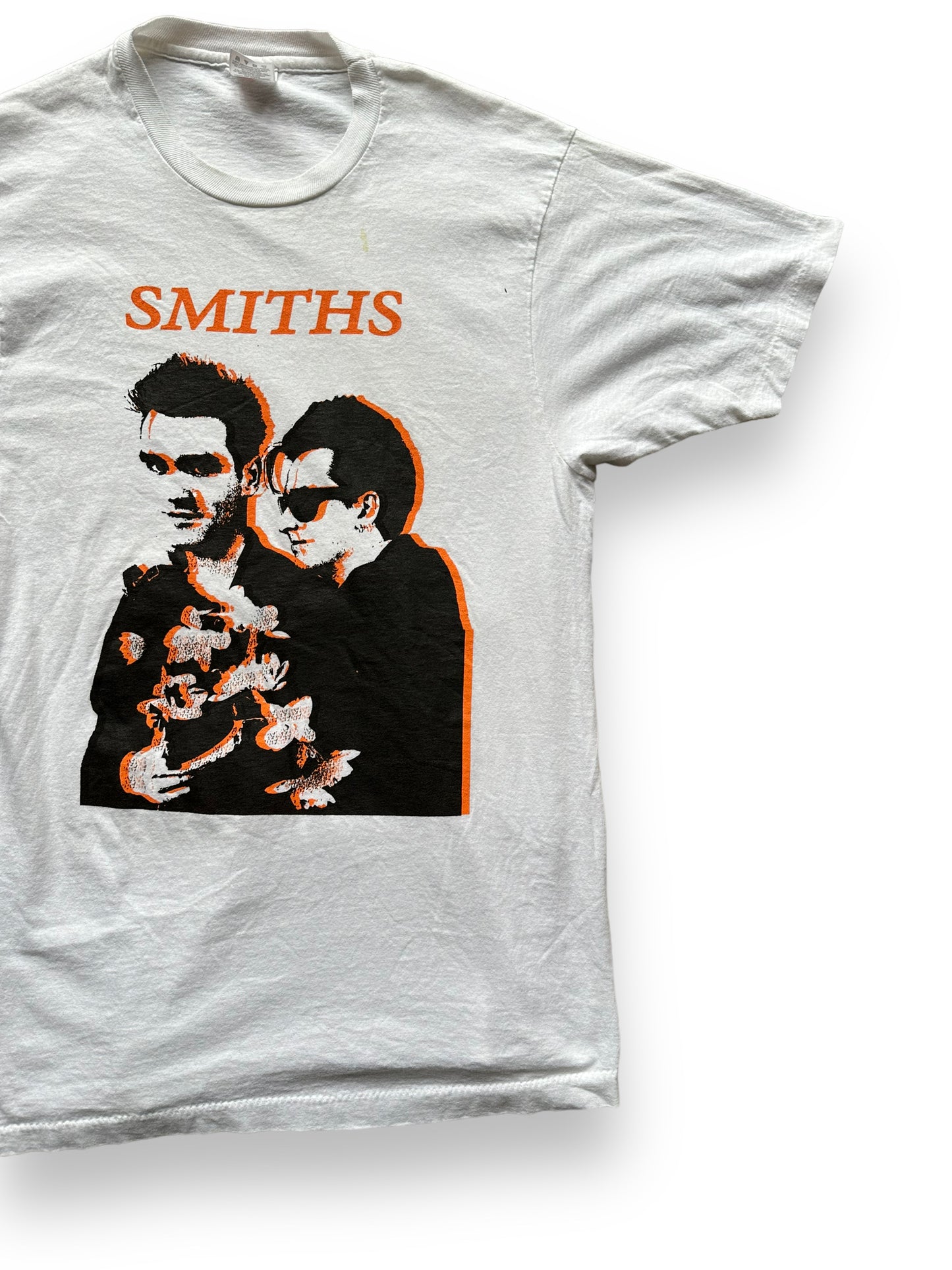 Front Left View of Vintage Smiths Bootleg Tee SZ L |  Barn Owl Vintage Clothing | Vintage Rock Tees Seattle