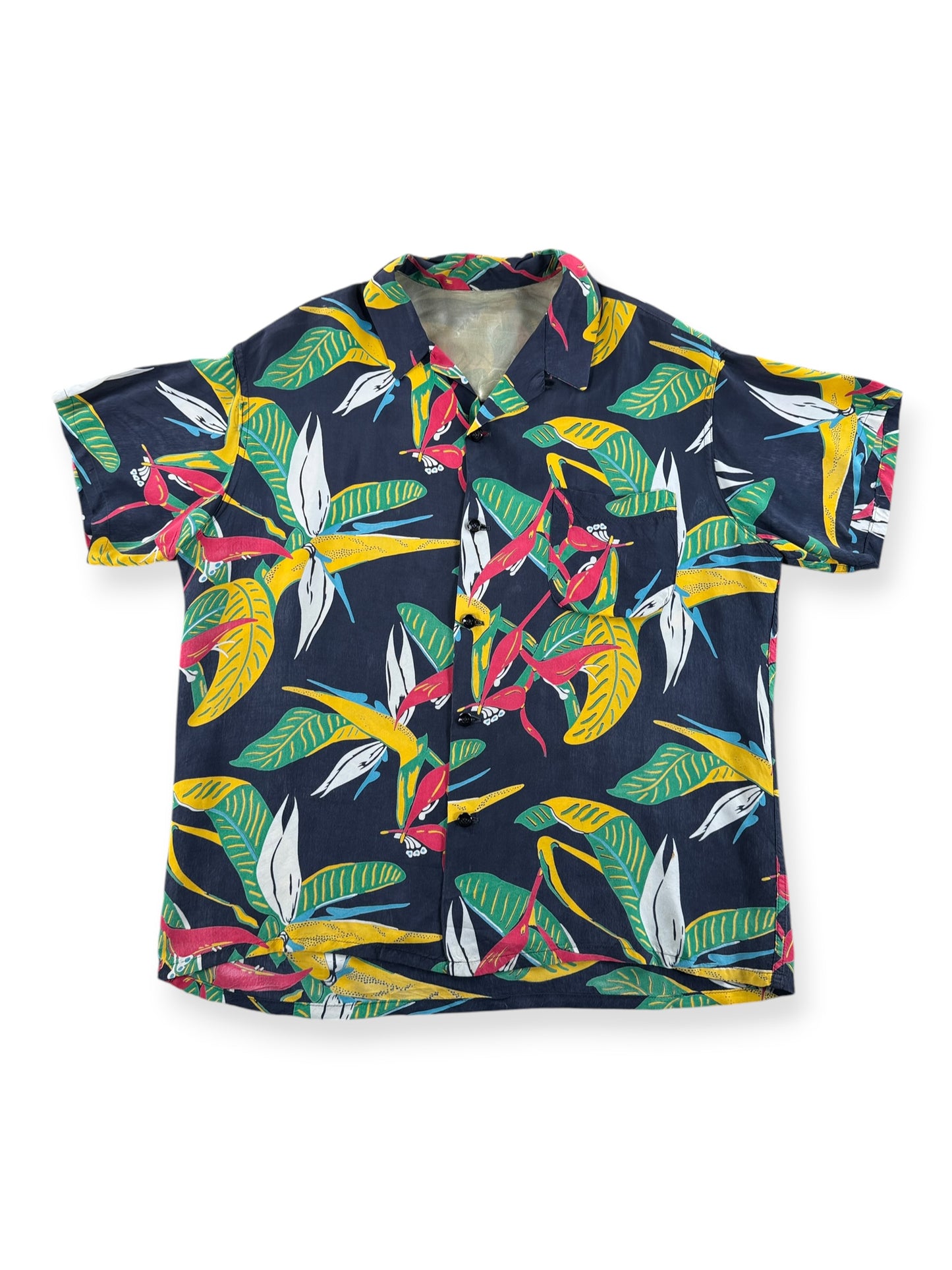 Front of Vintage Rayon Black Floral Aloha Shirt SZ L
