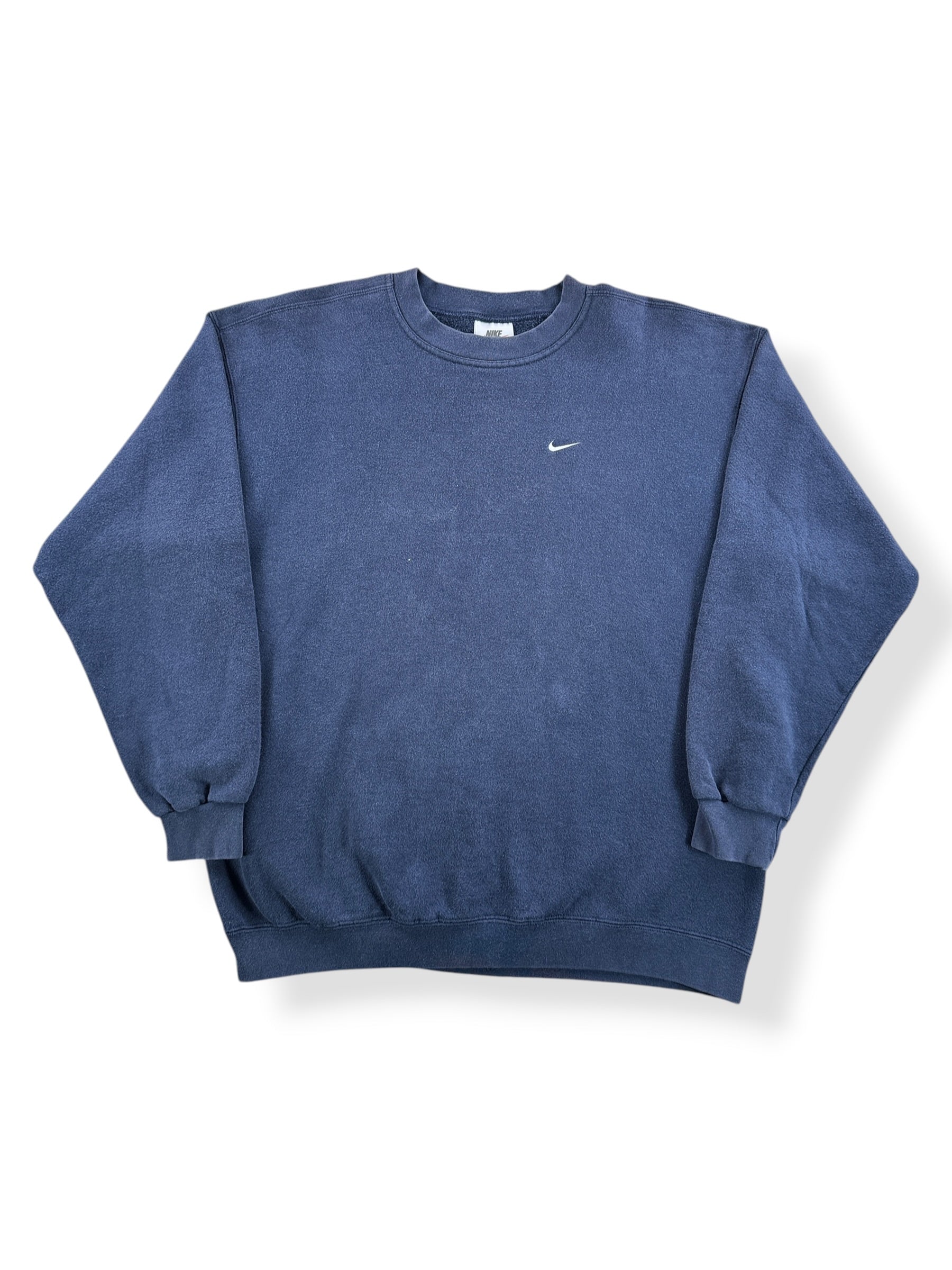 Front Close Up of Vintage Navy Nike Swish Crewneck SZ L