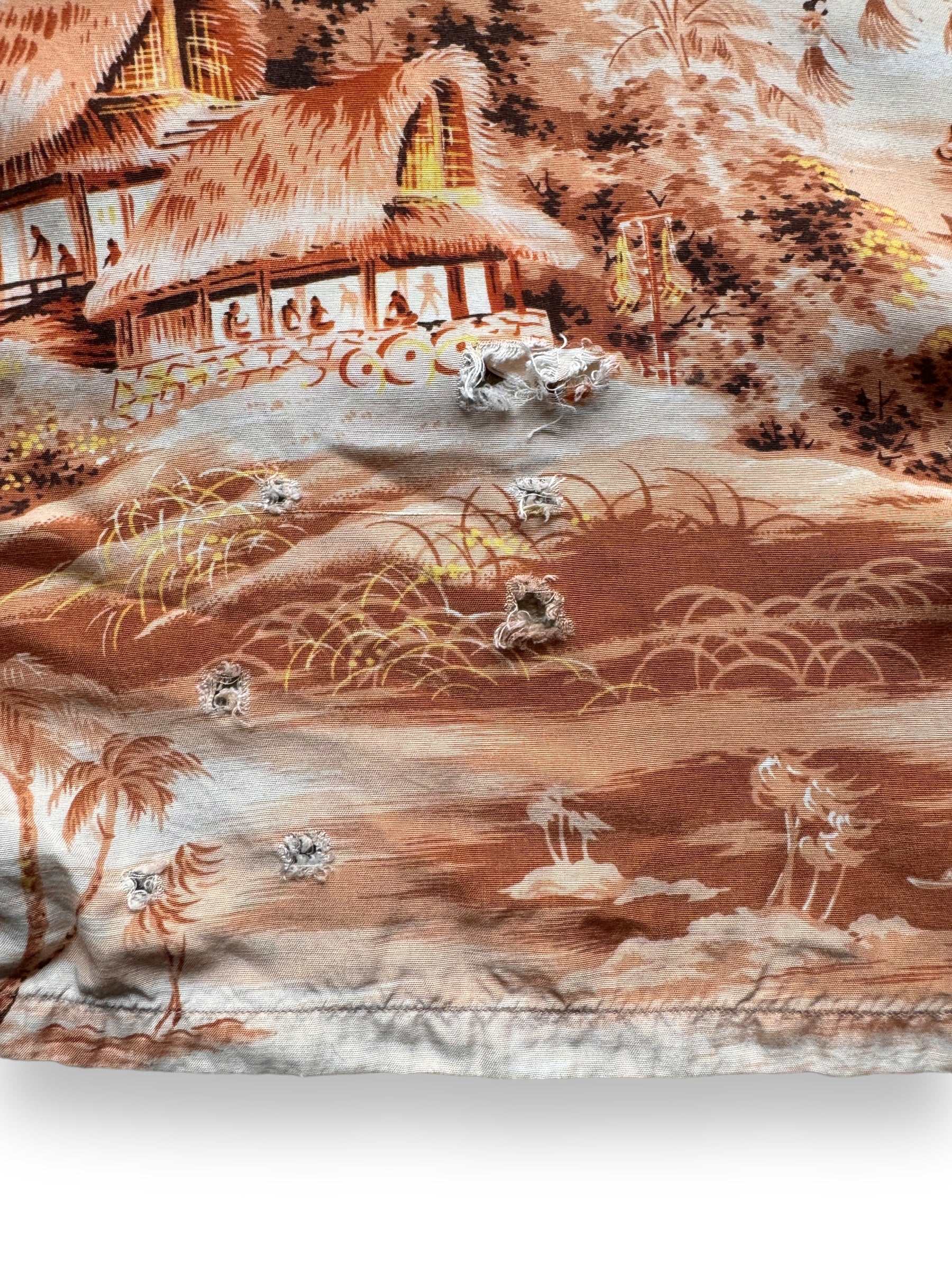 holes on Vintage Made in Japan Orange/Brown Palm Tropical Scene Penney's Aloha Shirt SZ L