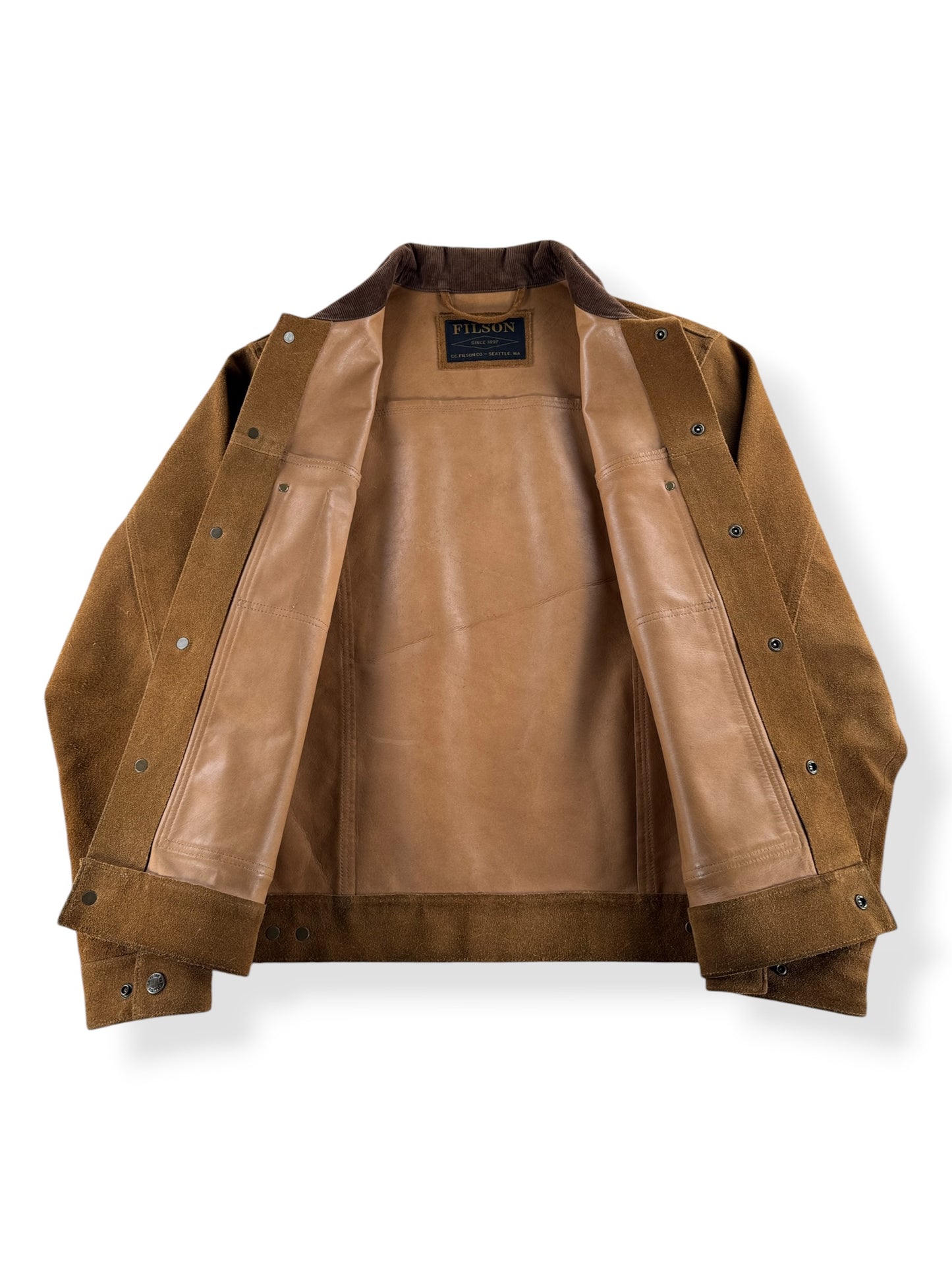 Inside of Filson Dark Tan Roughout Leather Short Cruiser SZ M