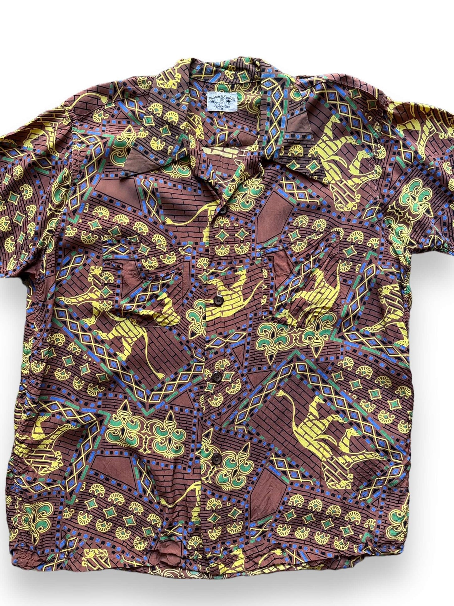 front close up of Vintage Paddle and Saddle Abstract Rayon Aloha Shirt SZ M