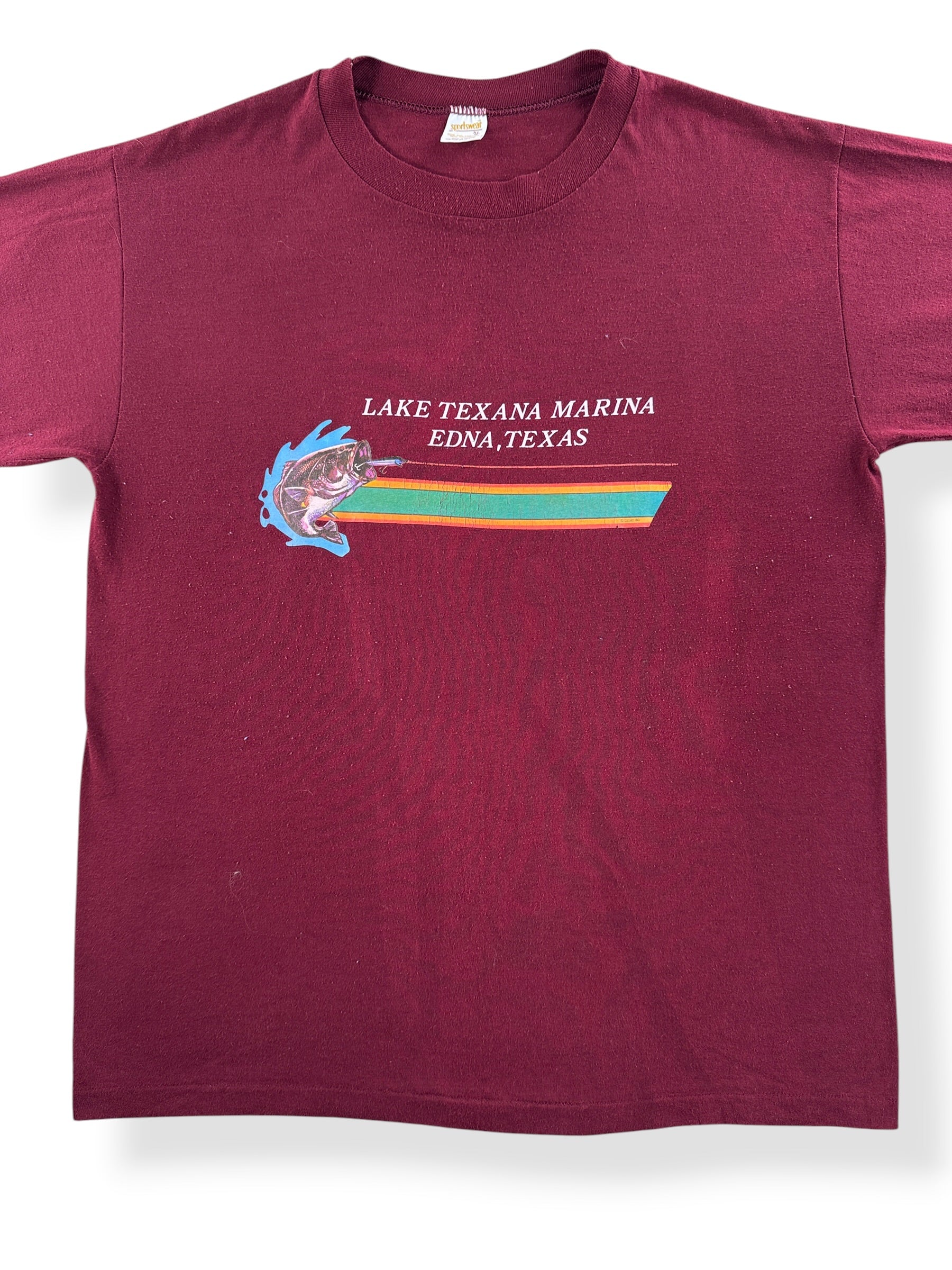 Front Close Up of Vintage Lake Texana Marina Iron-On Tee SZ XL (Fits L)