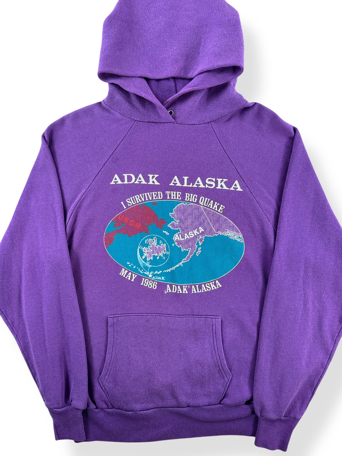 Front Close Up of Vintage Purple Adak AK Hoodie SZ S