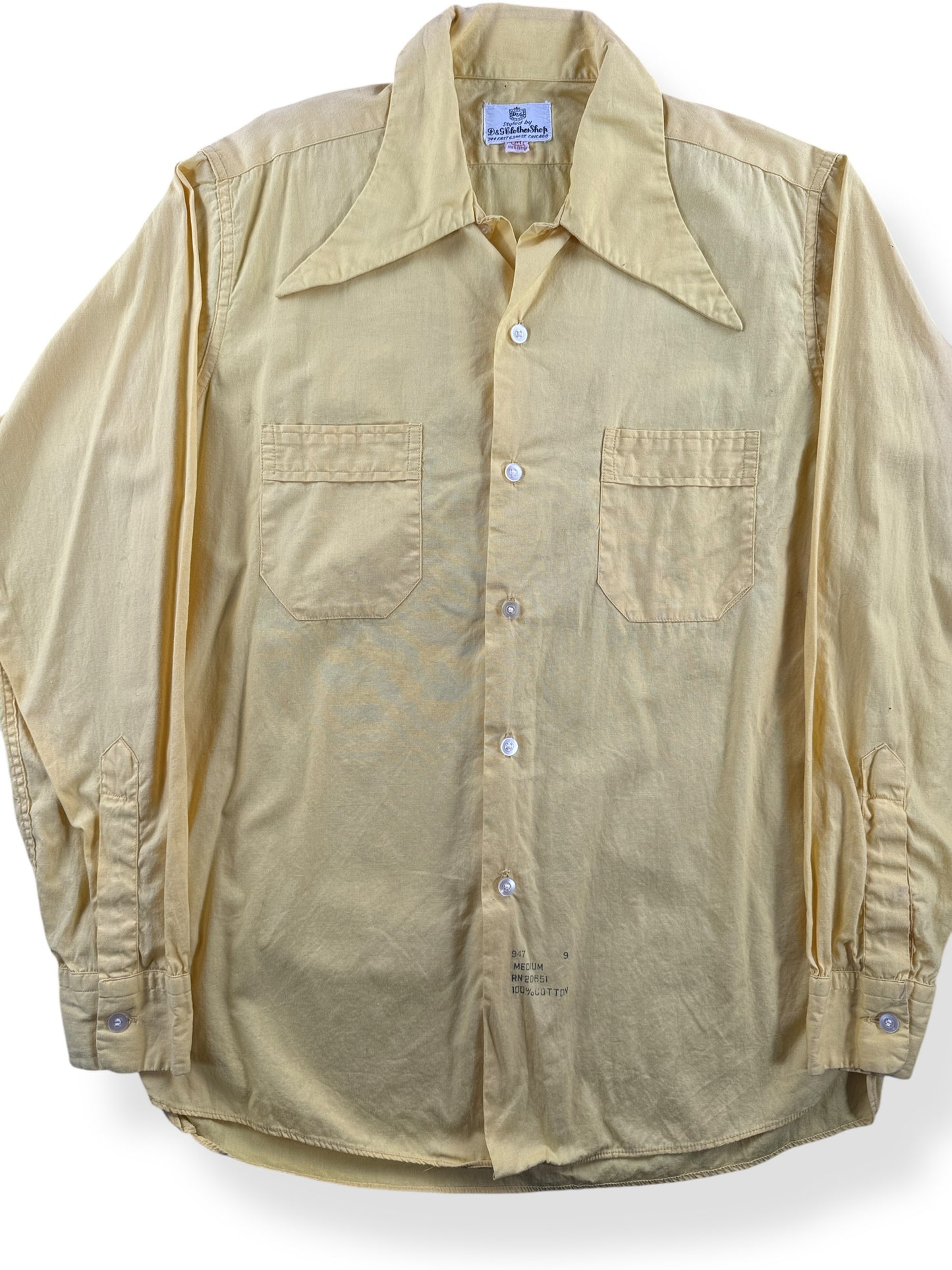 Front Close Up of Vintage Yellow D&G Cloth Shop Yellow Dagger Collar Shirt SZ M