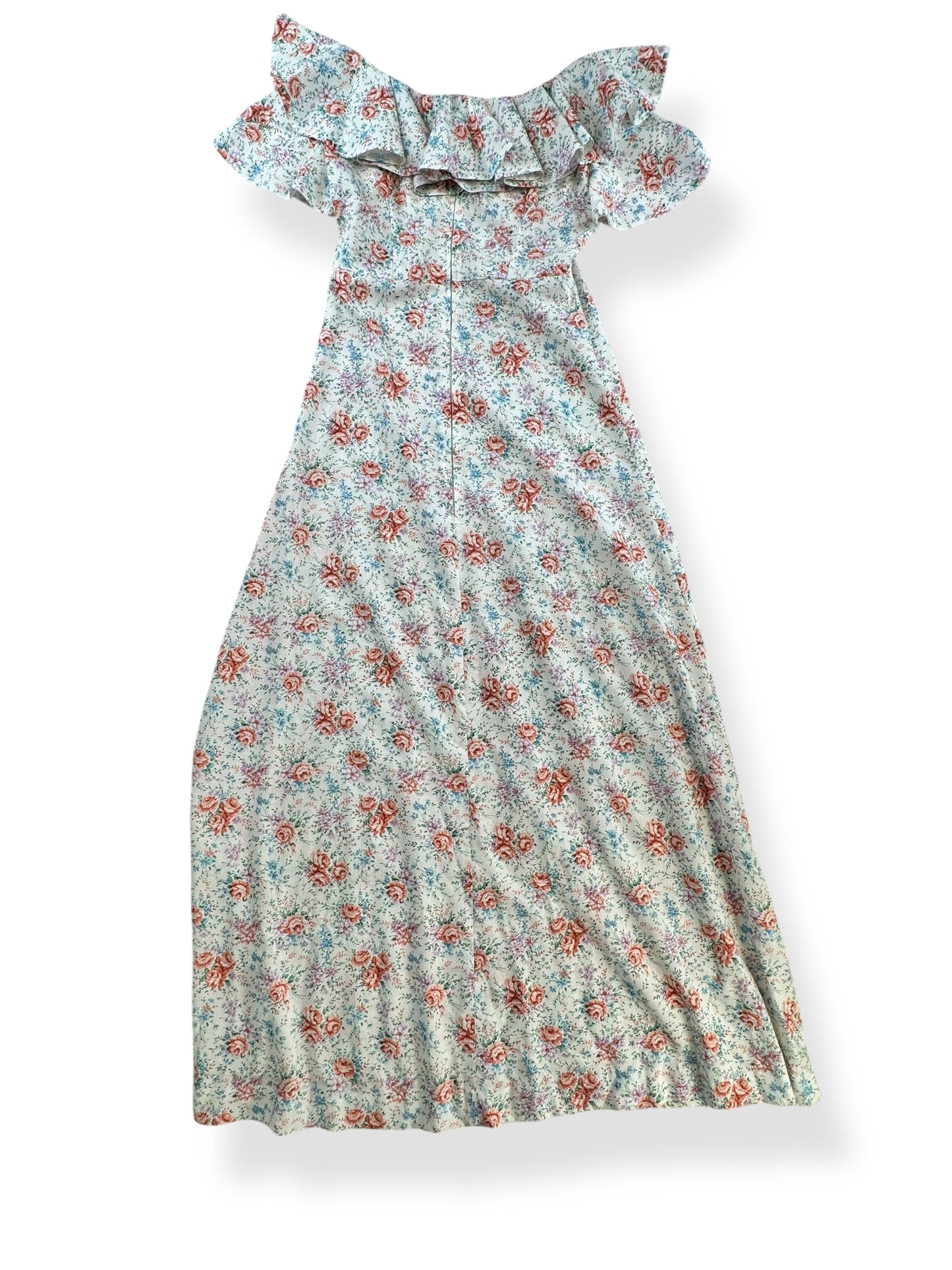 Back view of 1970s Floral Ruffle Maxi Dress S