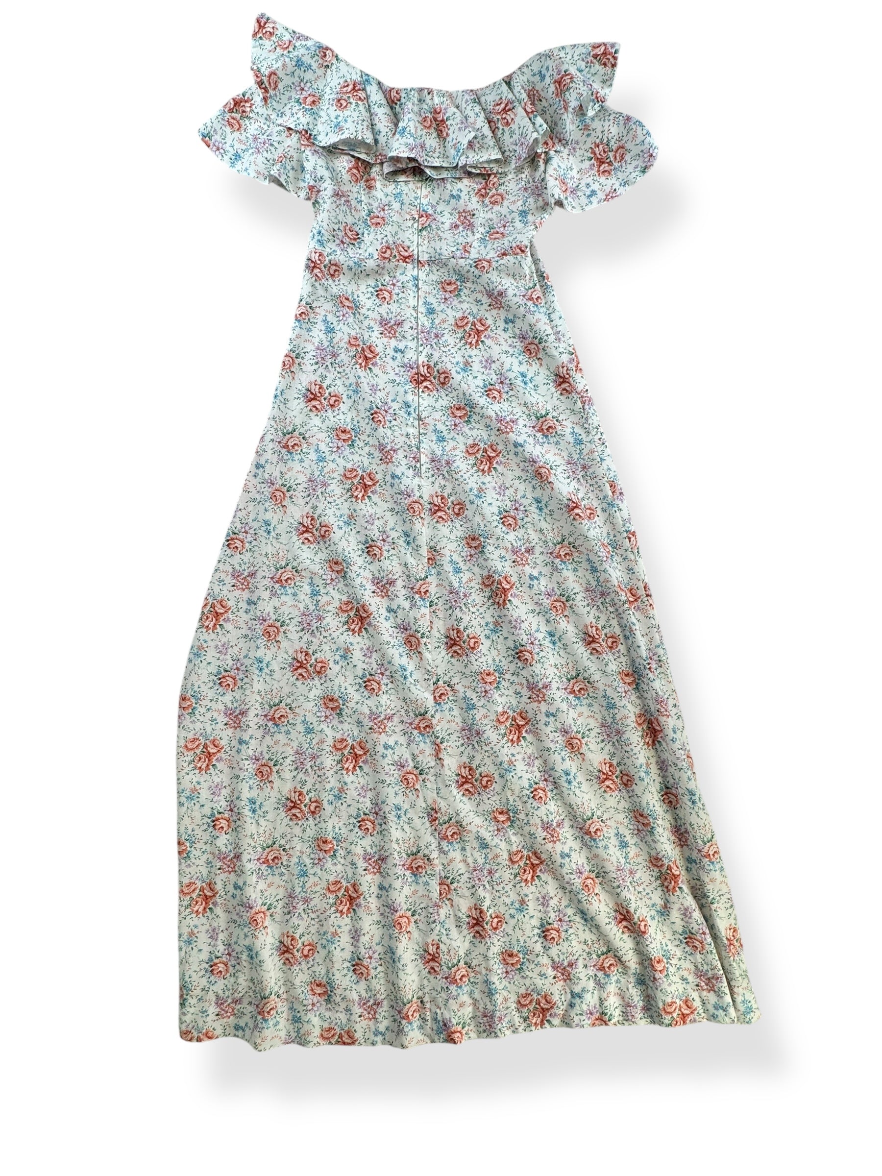 Back view of 1970s Floral Ruffle Maxi Dress S