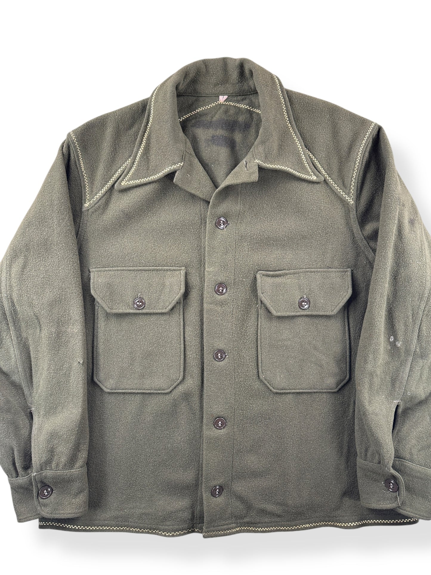 Front Close Up of Vintage Customized Korean War Wool Top SZ L